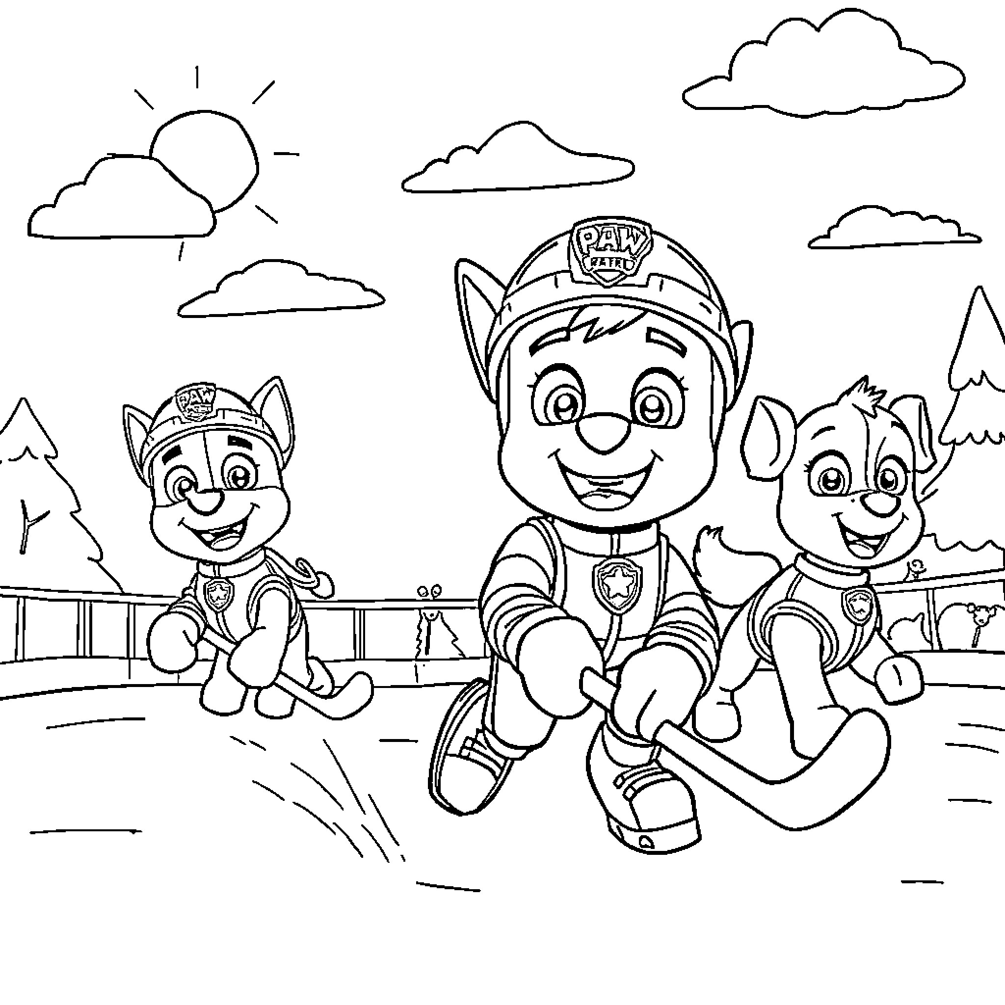 Marcus and Paw Patrol team explore the outdoors Coloring Page (free black-and-white line drawing printable PDF for all, from beginners to advanced learners, including children, teens, adults, and seniors)