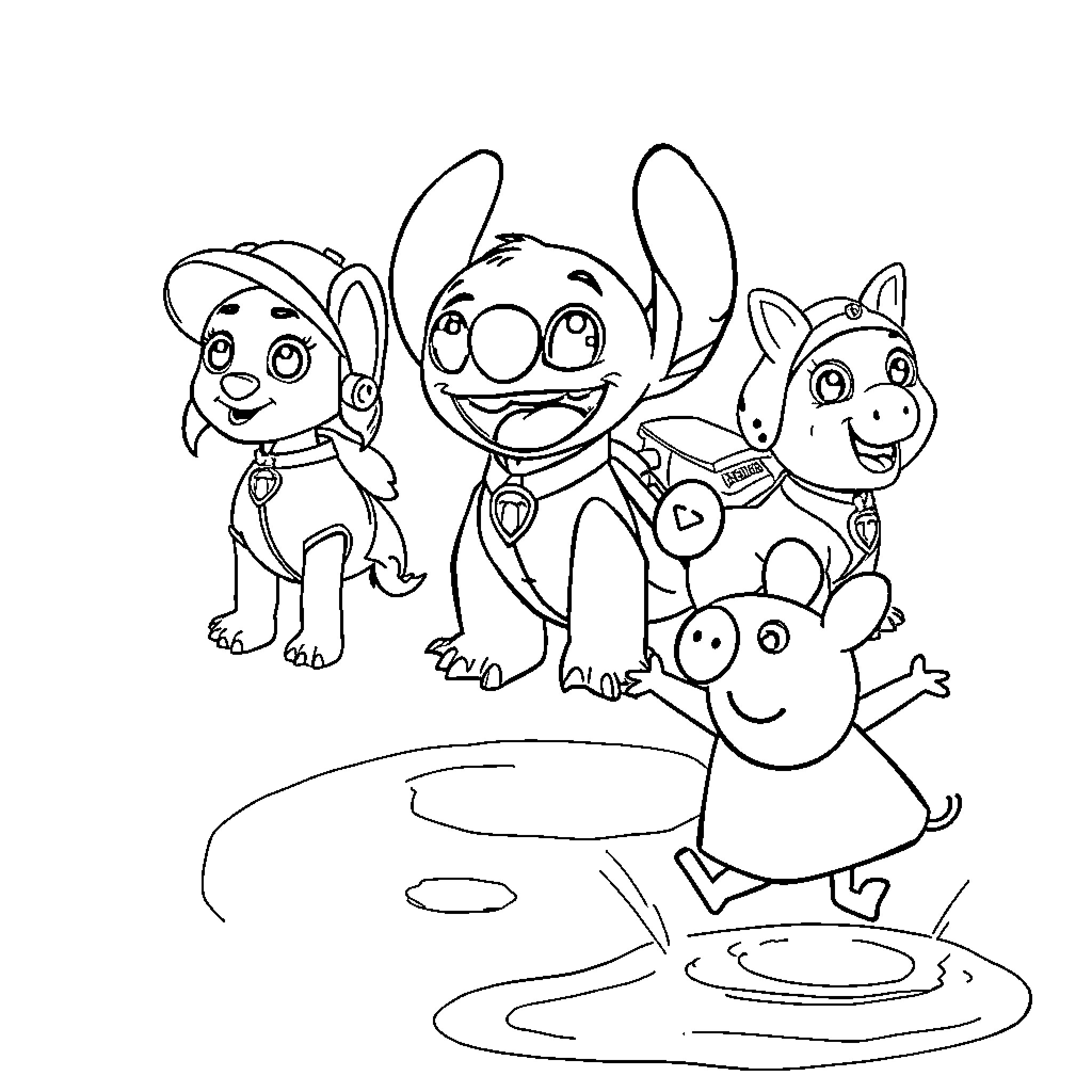 Character group in playful adventure Coloring Page (free black-and-white line drawing printable PDF for all, from beginners to advanced learners, including children, teens, adults, and seniors)