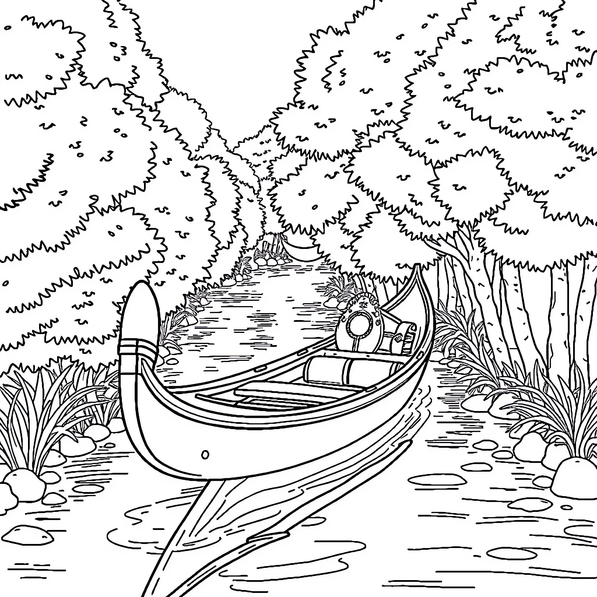 Gondola floating along a serene river through a lush forest Coloring Page (free black-and-white line drawing printable PDF for all, from beginners to advanced learners, including children, teens, adults, and seniors)