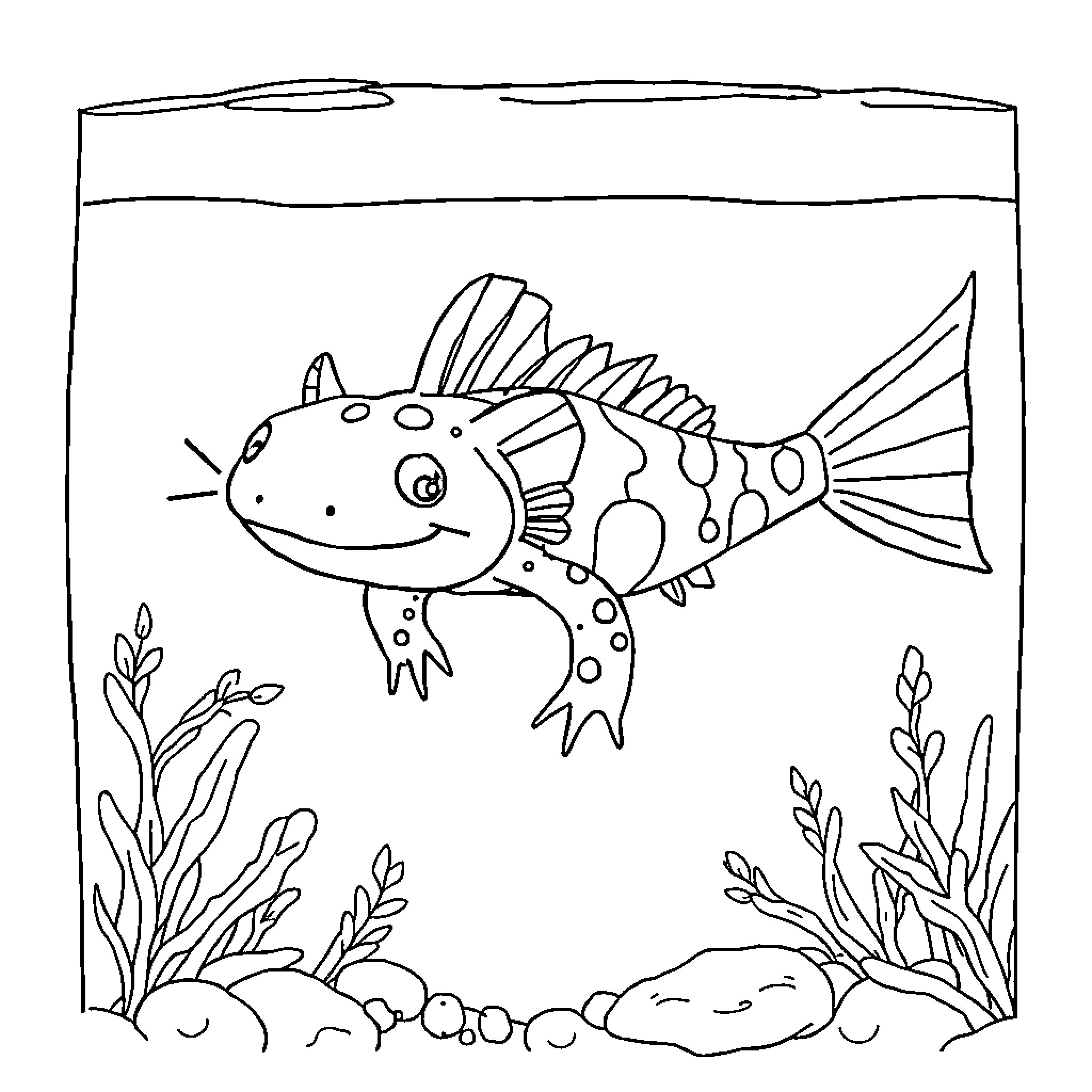 Axolotl swimming playfully in underwater scene Coloring Page (free black-and-white line drawing printable PDF for all, from beginners to advanced learners, including children, teens, adults, and seniors)