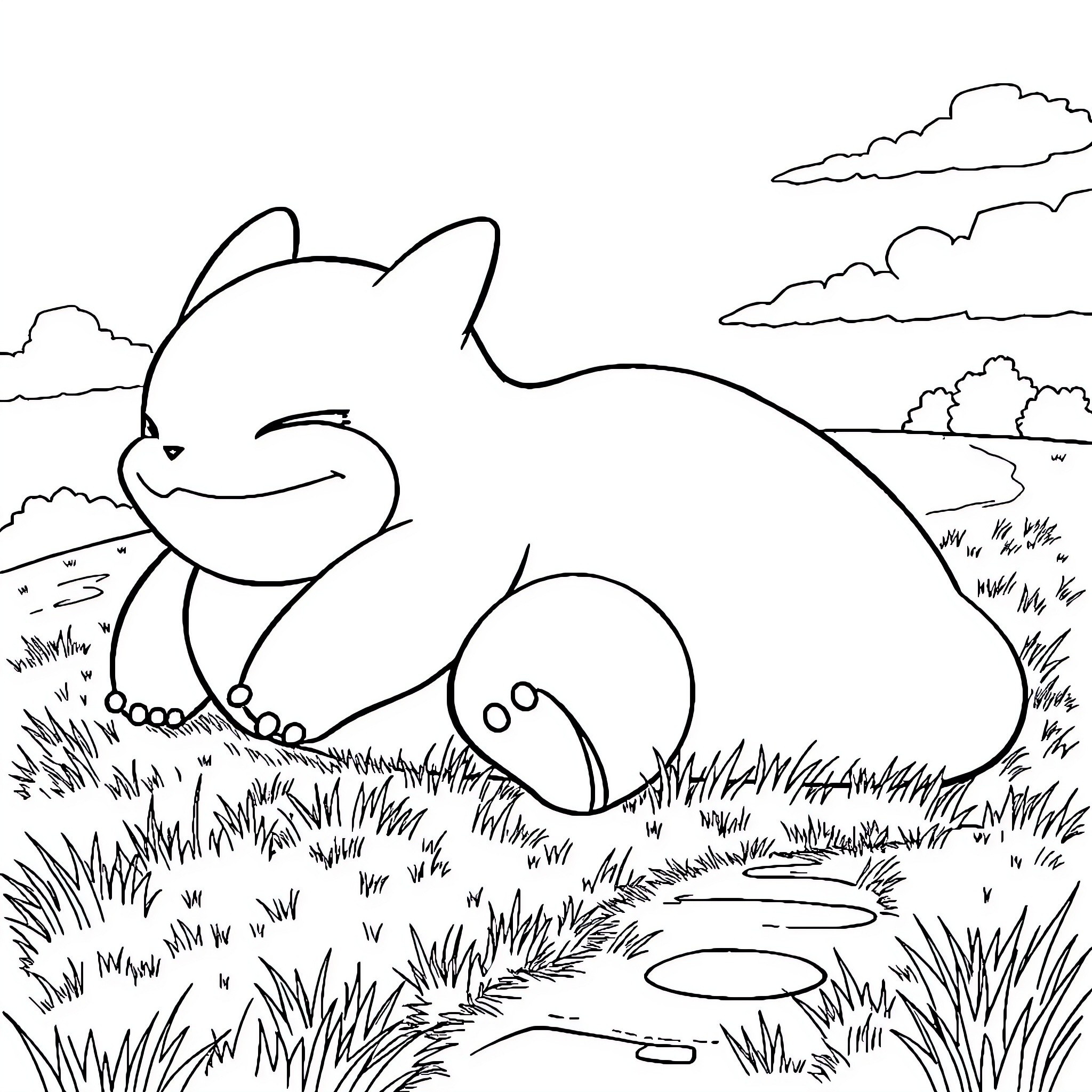 Snorlax resting peacefully in the meadow Coloring Page (free black-and-white line drawing printable PDF for all, from beginners to advanced learners, including children, teens, adults, and seniors)