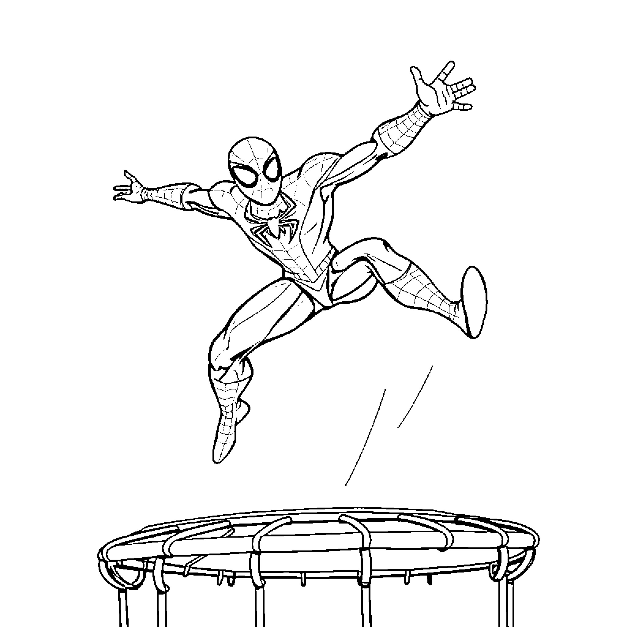 Spiderman swinging dynamically on web Coloring Page (free black-and-white line drawing printable PDF for all, from beginners to advanced learners, including children, teens, adults, and seniors)
