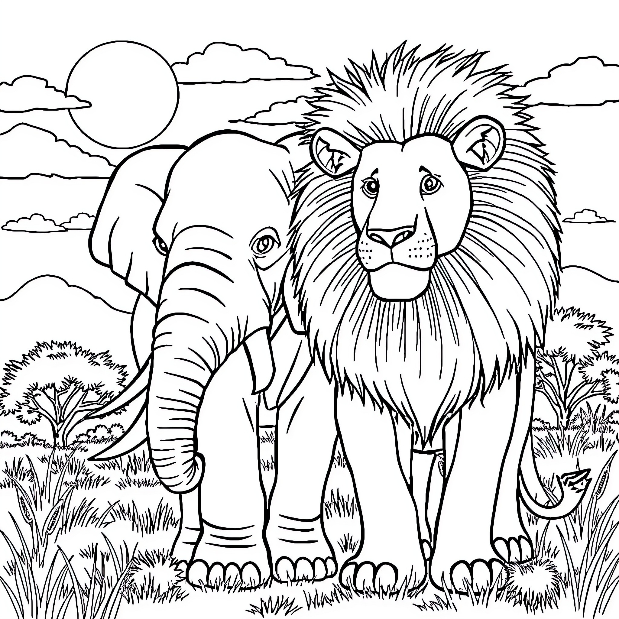 Elephant and Lion in a Safari Landscape Coloring Page (free black-and-white line drawing printable PDF for all, from beginners to advanced learners, including children, teens, adults, and seniors)