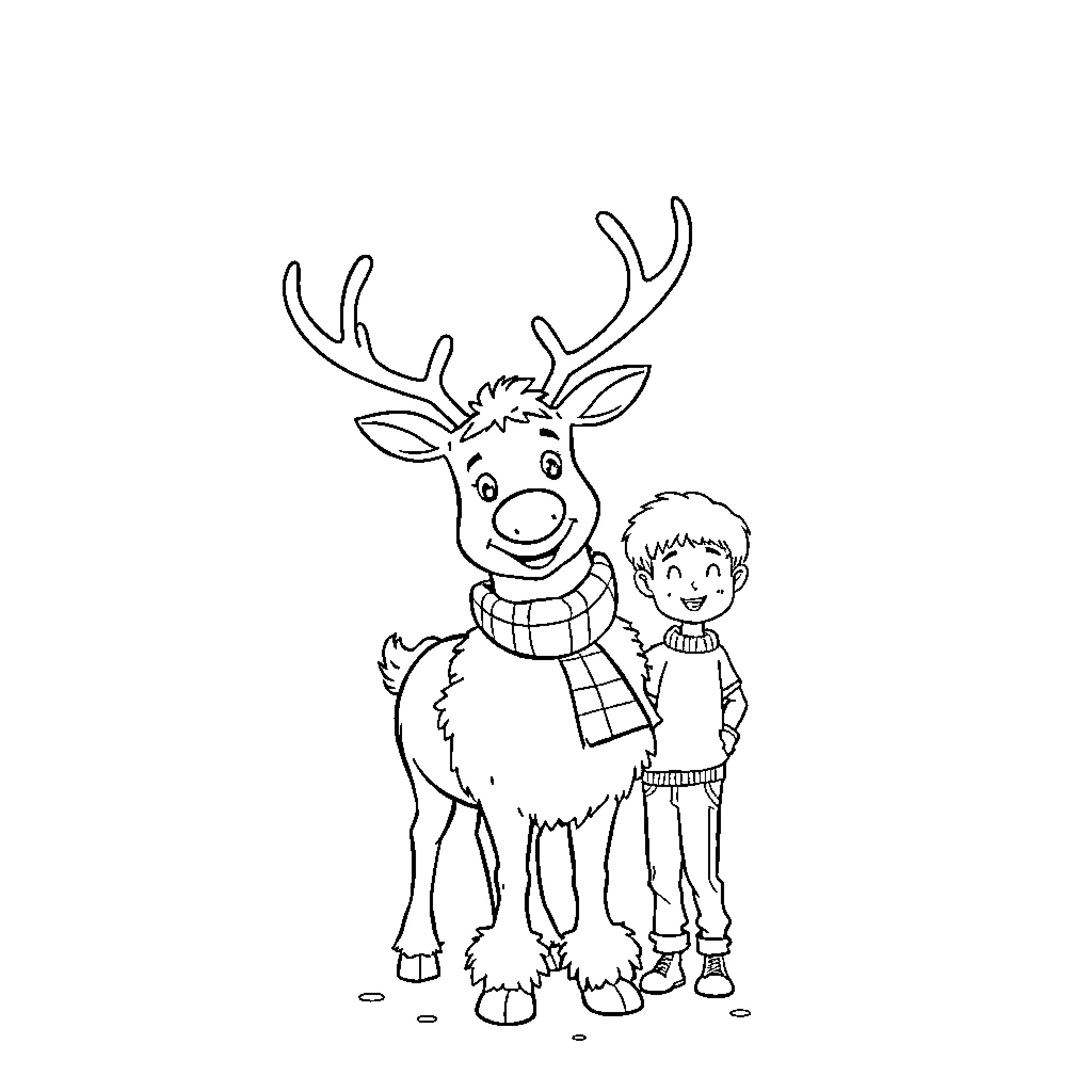 Reindeer and child in winter outfit Coloring Page (free black-and-white line drawing printable PDF for all, from beginners to advanced learners, including children, teens, adults, and seniors)