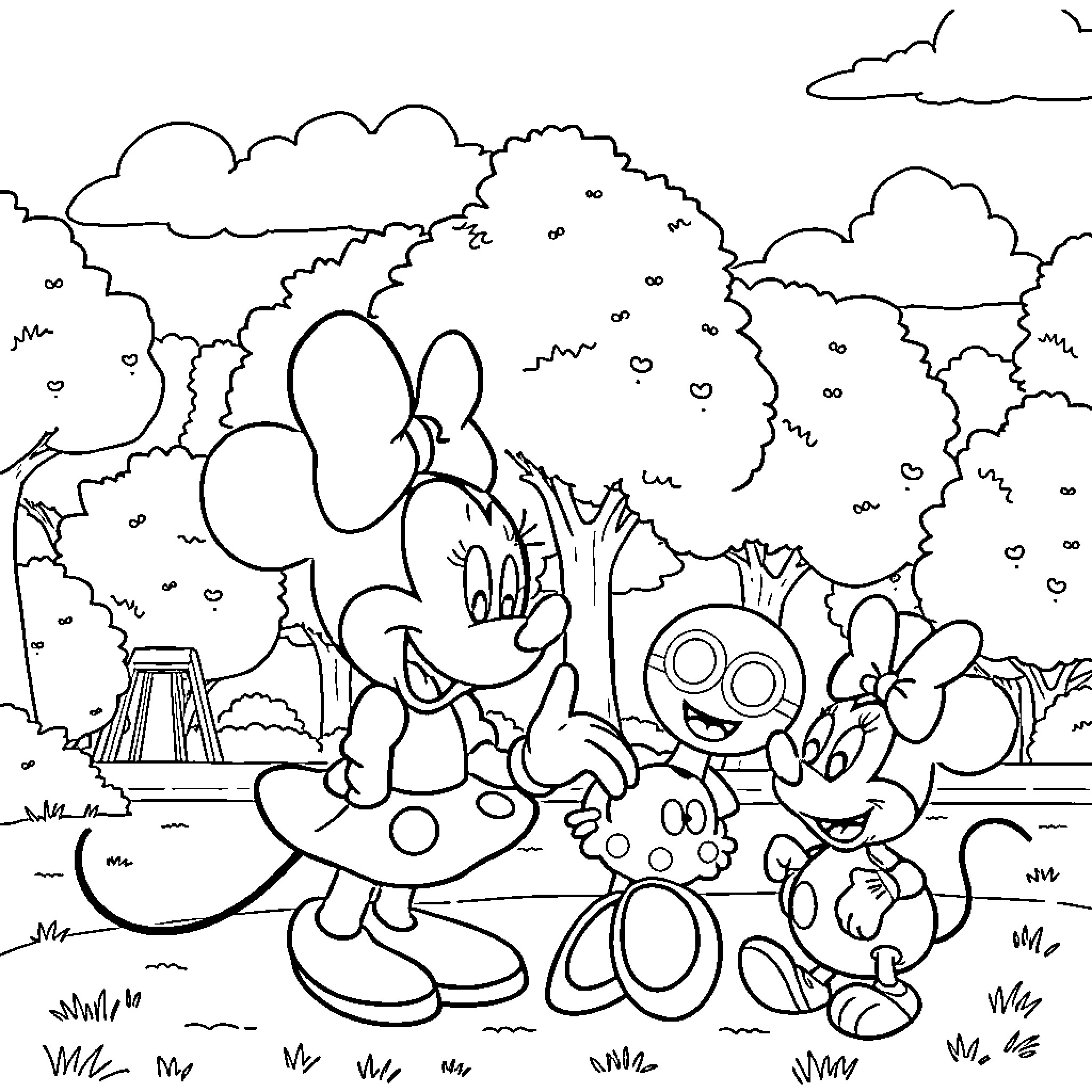 Minnie Mouse and friends enjoying a day in the park Coloring Page (free black-and-white line drawing printable PDF for all, from beginners to advanced learners, including children, teens, adults, and seniors)