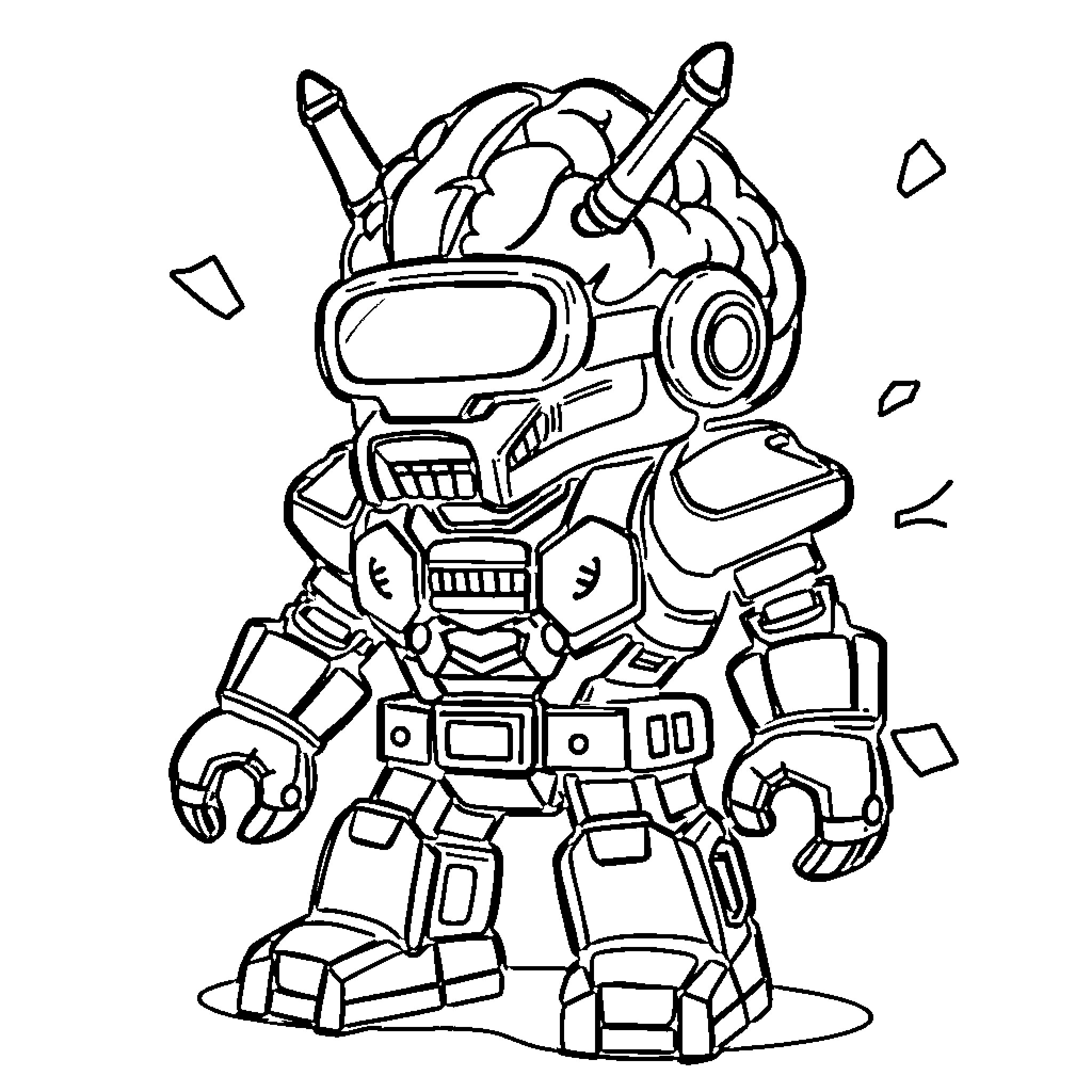 Brainrot: Quirky Robot Figure in Action Coloring Page (free black-and-white line drawing printable PDF for all, from beginners to advanced learners, including children, teens, adults, and seniors)