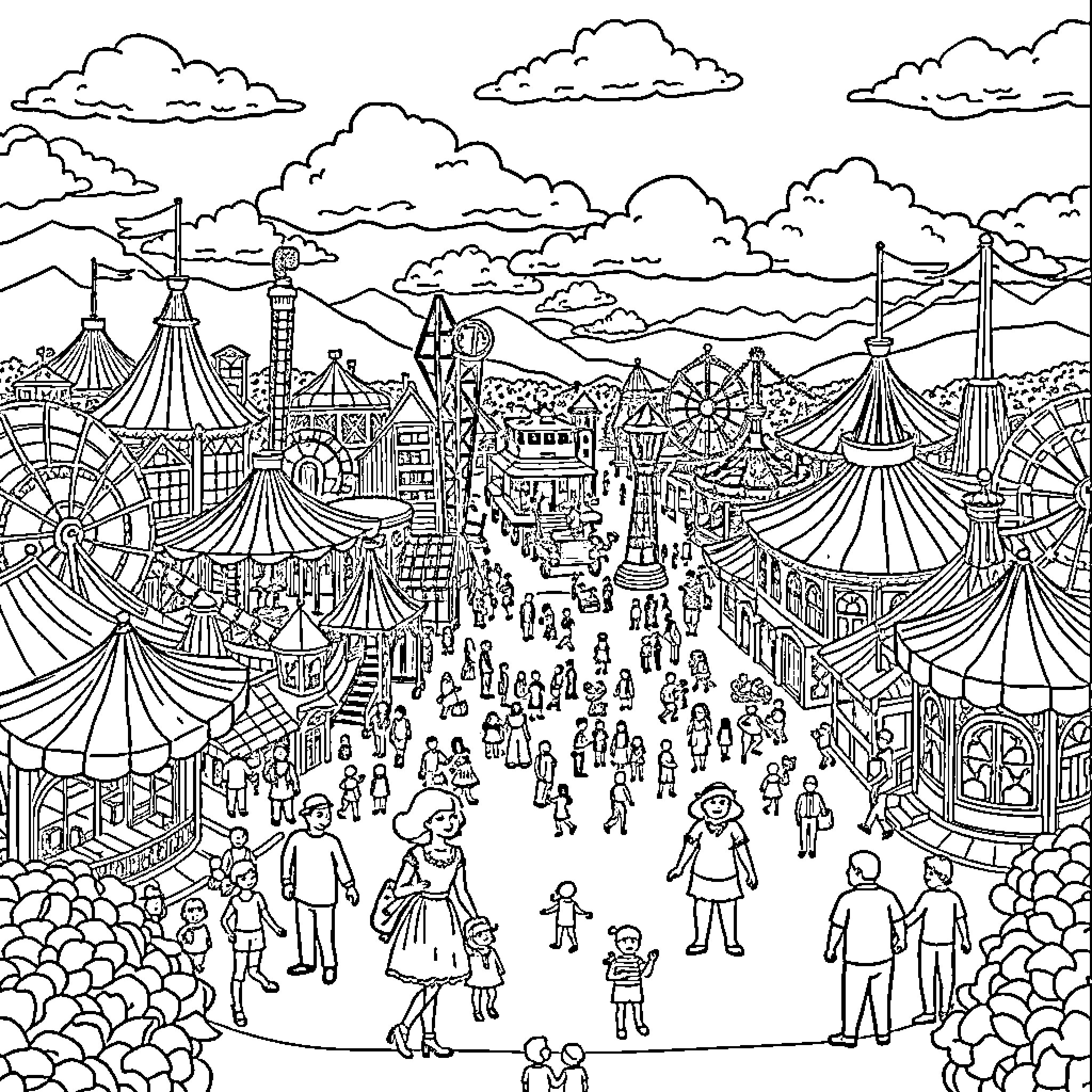Theme Park Bustling with Crowds and Attractions Coloring Page (free black-and-white line drawing printable PDF for all, from beginners to advanced learners, including children, teens, adults, and seniors)