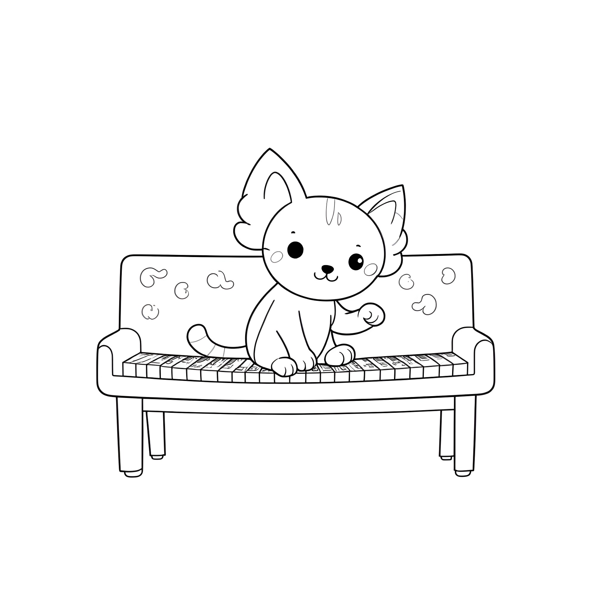 Cat playing on a piano Coloring Page (free black-and-white line drawing printable PDF for all, from beginners to advanced learners, including children, teens, adults, and seniors)