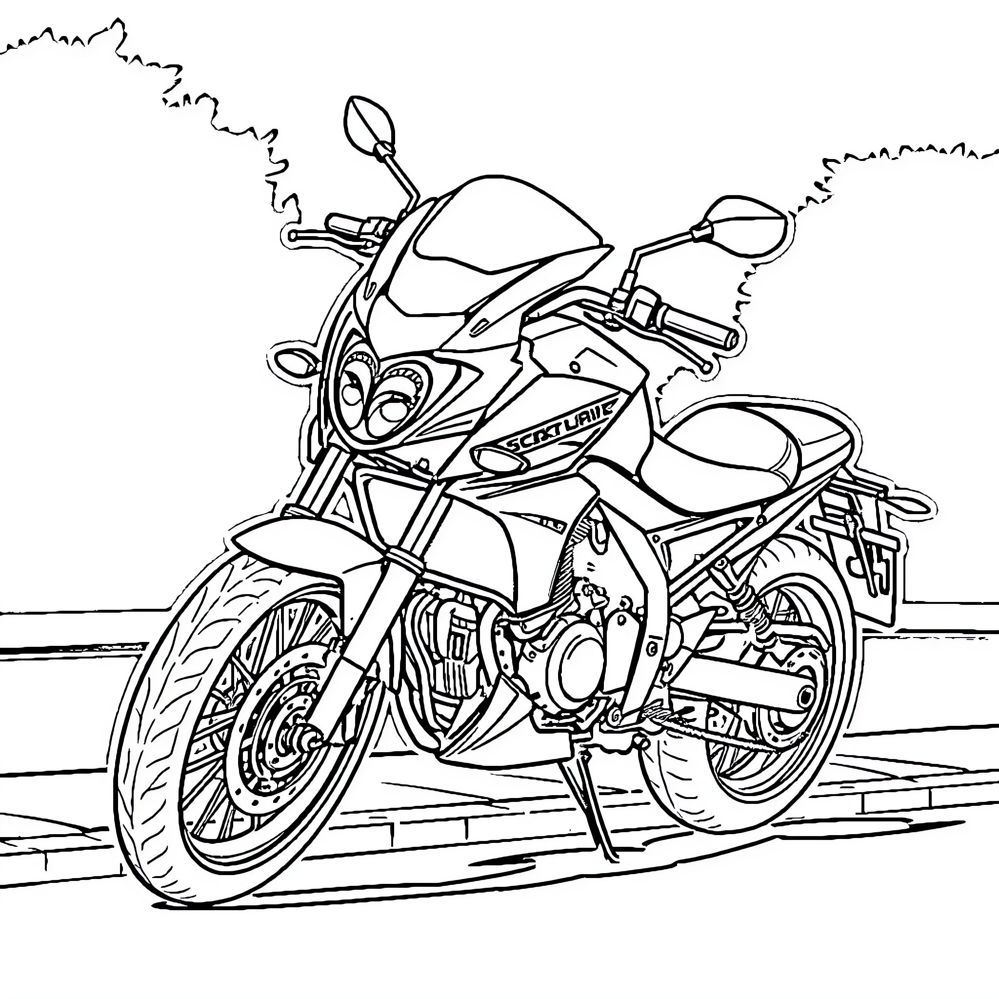 Moto Speeds Dynamically on Road Coloring Page (free black-and-white line drawing printable PDF for all, from beginners to advanced learners, including children, teens, adults, and seniors)