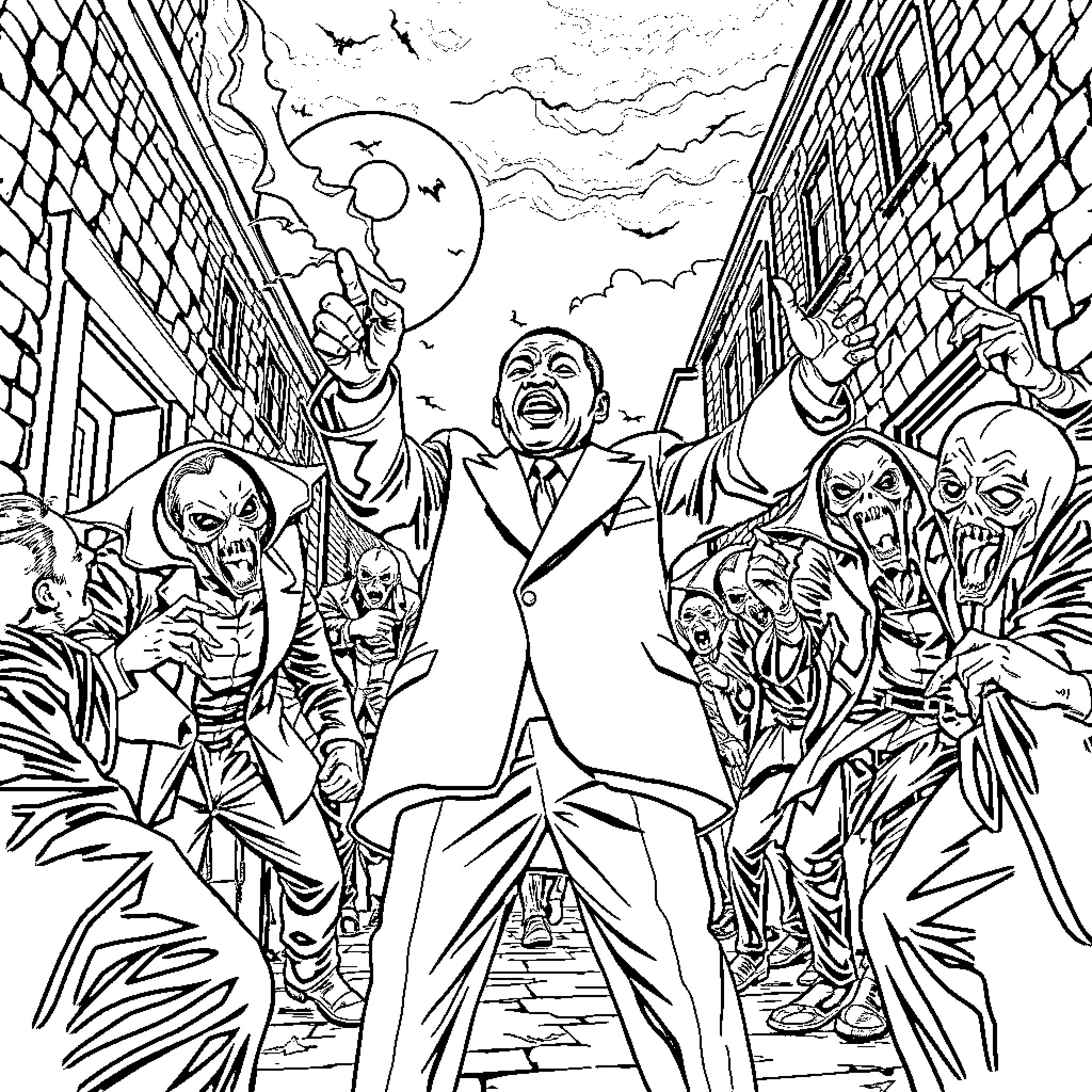 Martin Luther King Leading Peaceful March Amid Chaos Coloring Page (free black-and-white line drawing printable PDF for all, from beginners to advanced learners, including children, teens, adults, and seniors)