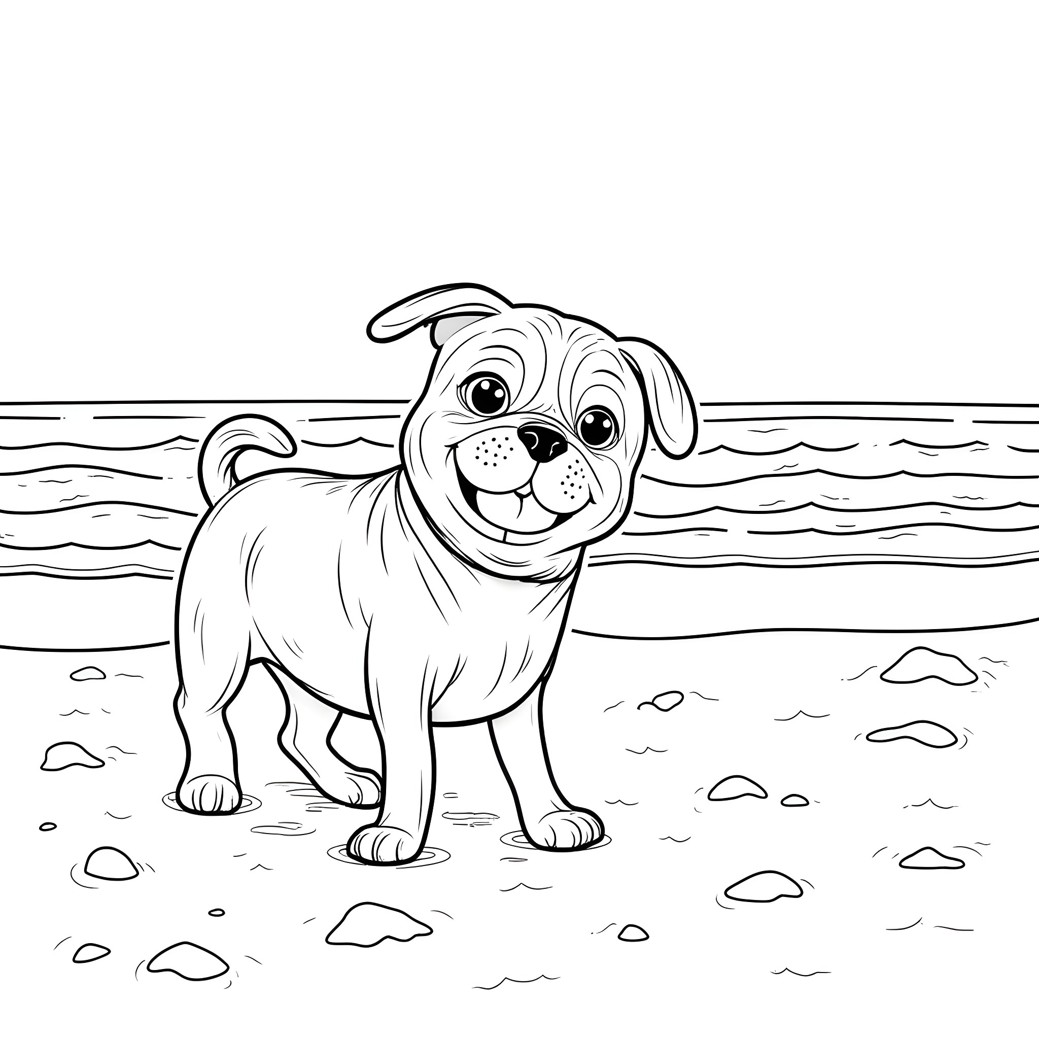 Pug playing happily at the beach Coloring Page (free black-and-white line drawing printable PDF for all, from beginners to advanced learners, including children, teens, adults, and seniors)