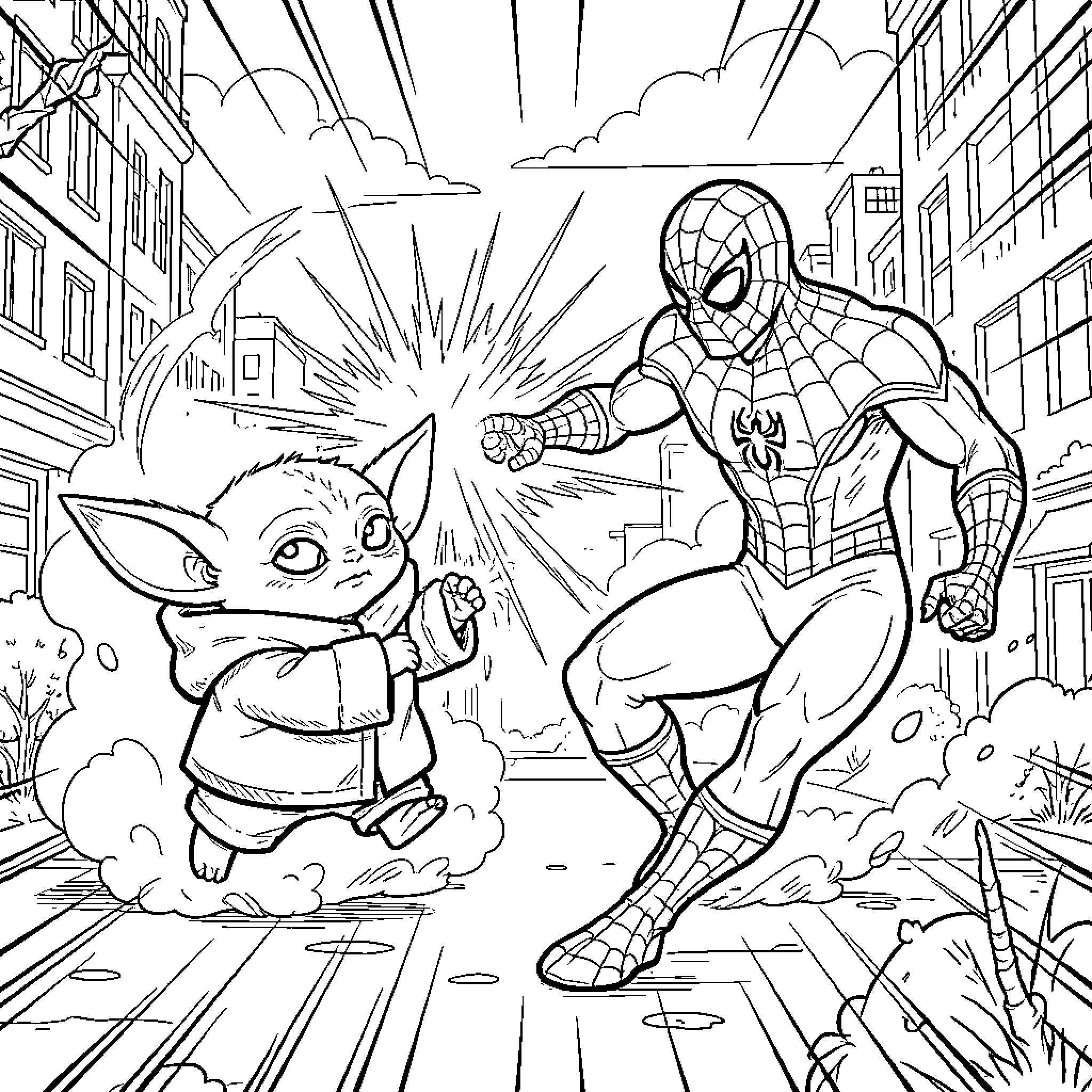 Yoda character facing off against Spider-Man in a city Coloring Page (free black-and-white line drawing printable PDF for all, from beginners to advanced learners, including children, teens, adults, and seniors)