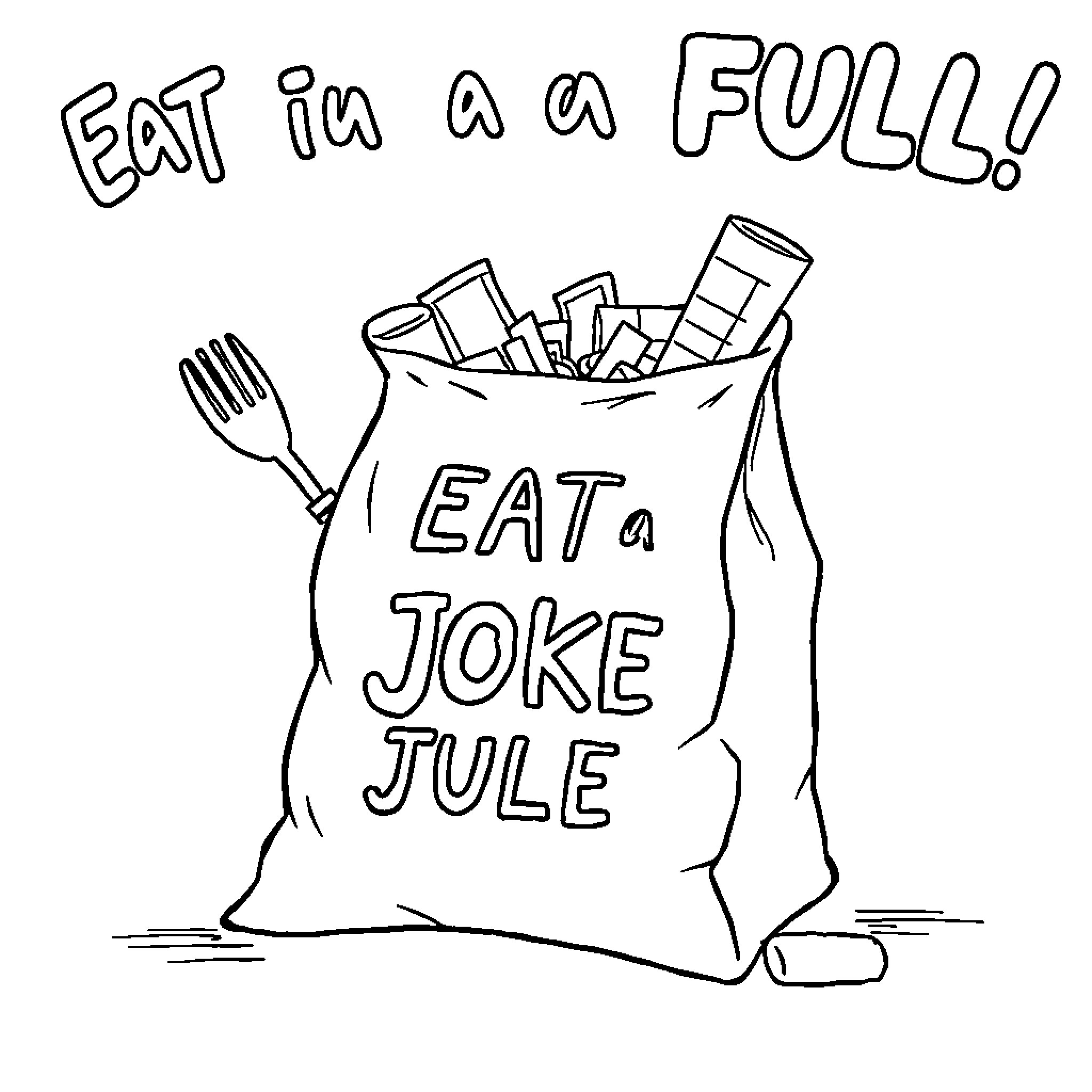 Bag full of snacks and a joke Coloring Page (free black-and-white line drawing printable PDF for all, from beginners to advanced learners, including children, teens, adults, and seniors)