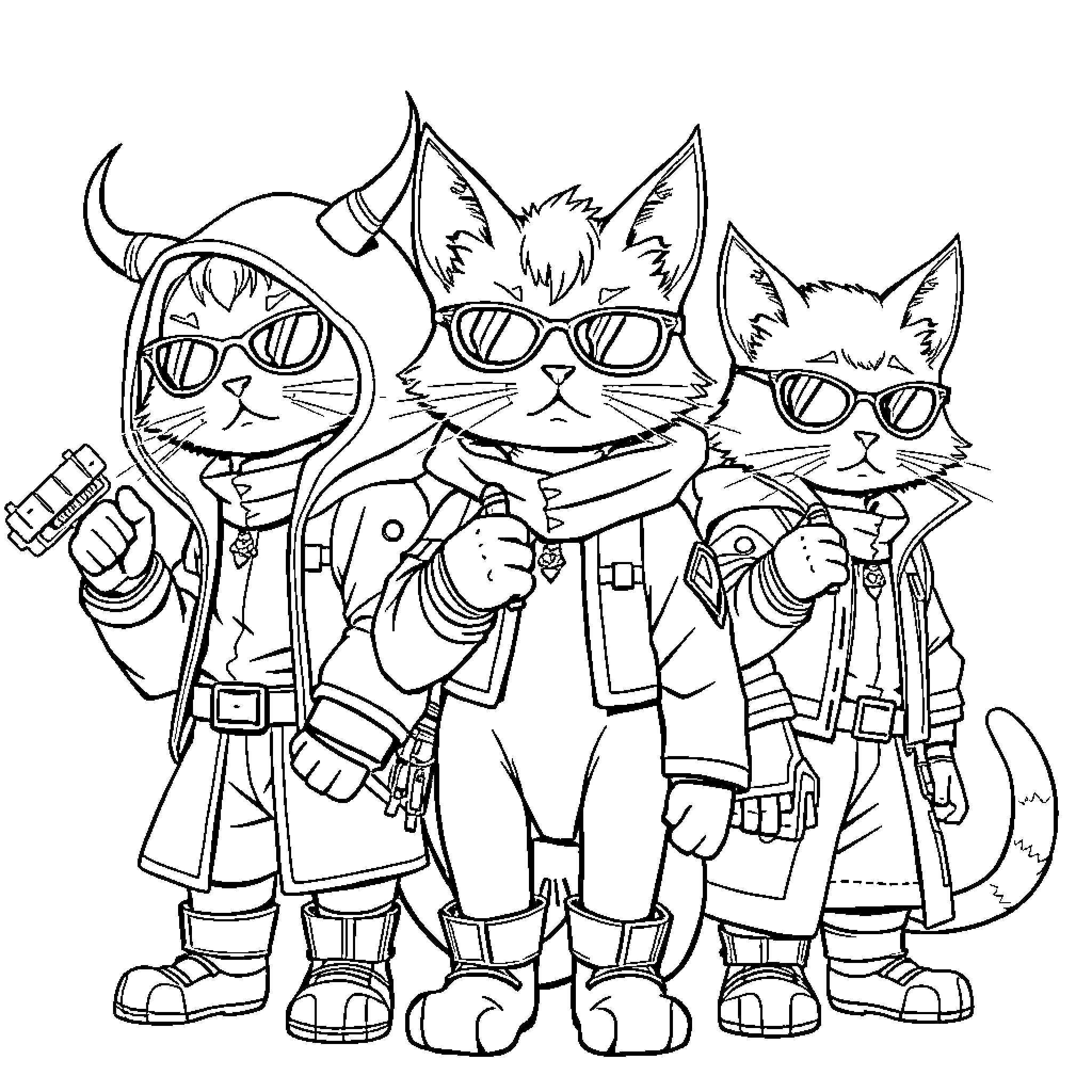 Cats dressed as secret agents in disguise Coloring Page (free black-and-white line drawing printable PDF for all, from beginners to advanced learners, including children, teens, adults, and seniors)