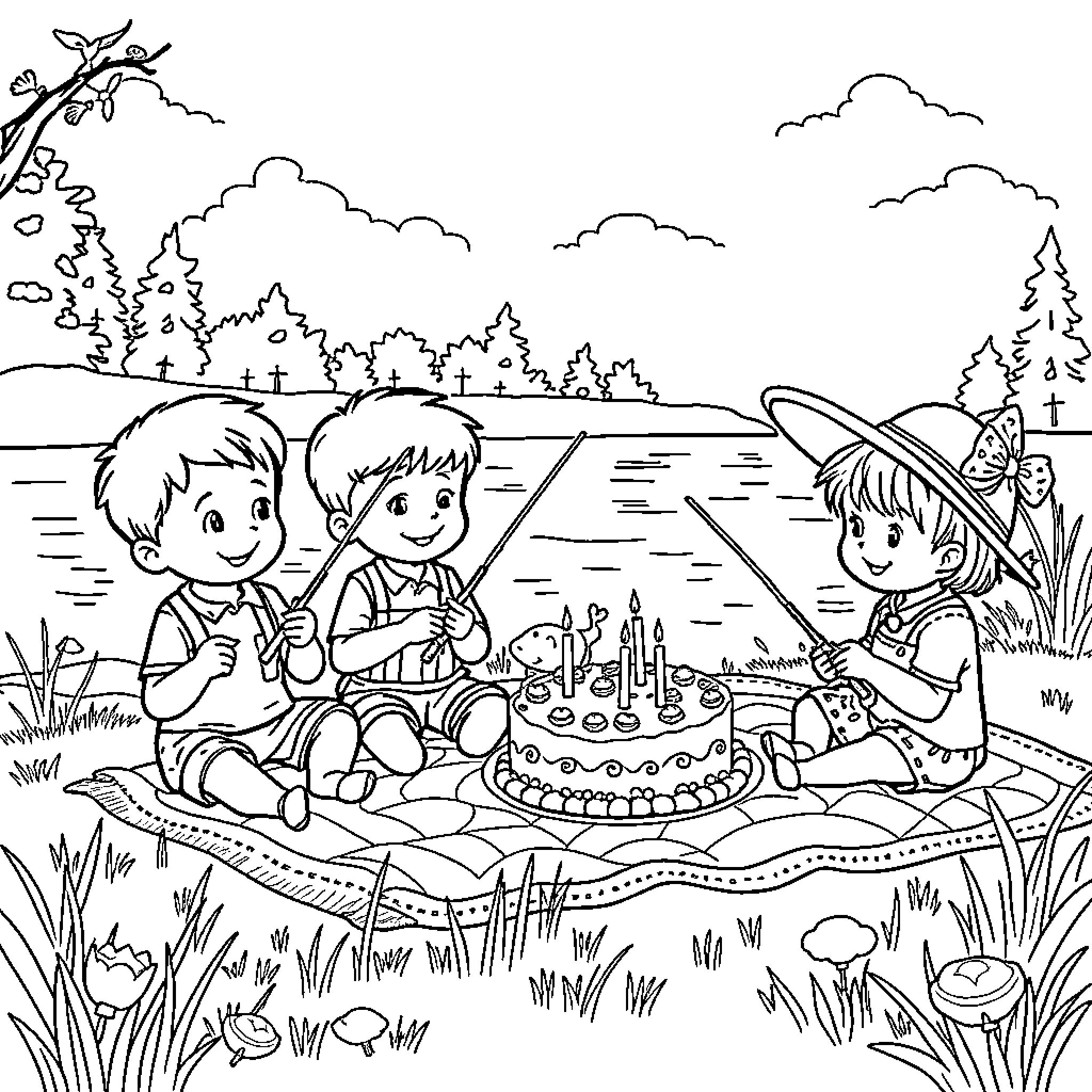 Children enjoying a picnic in nature Coloring Page (free black-and-white line drawing printable PDF for all, from beginners to advanced learners, including children, teens, adults, and seniors)