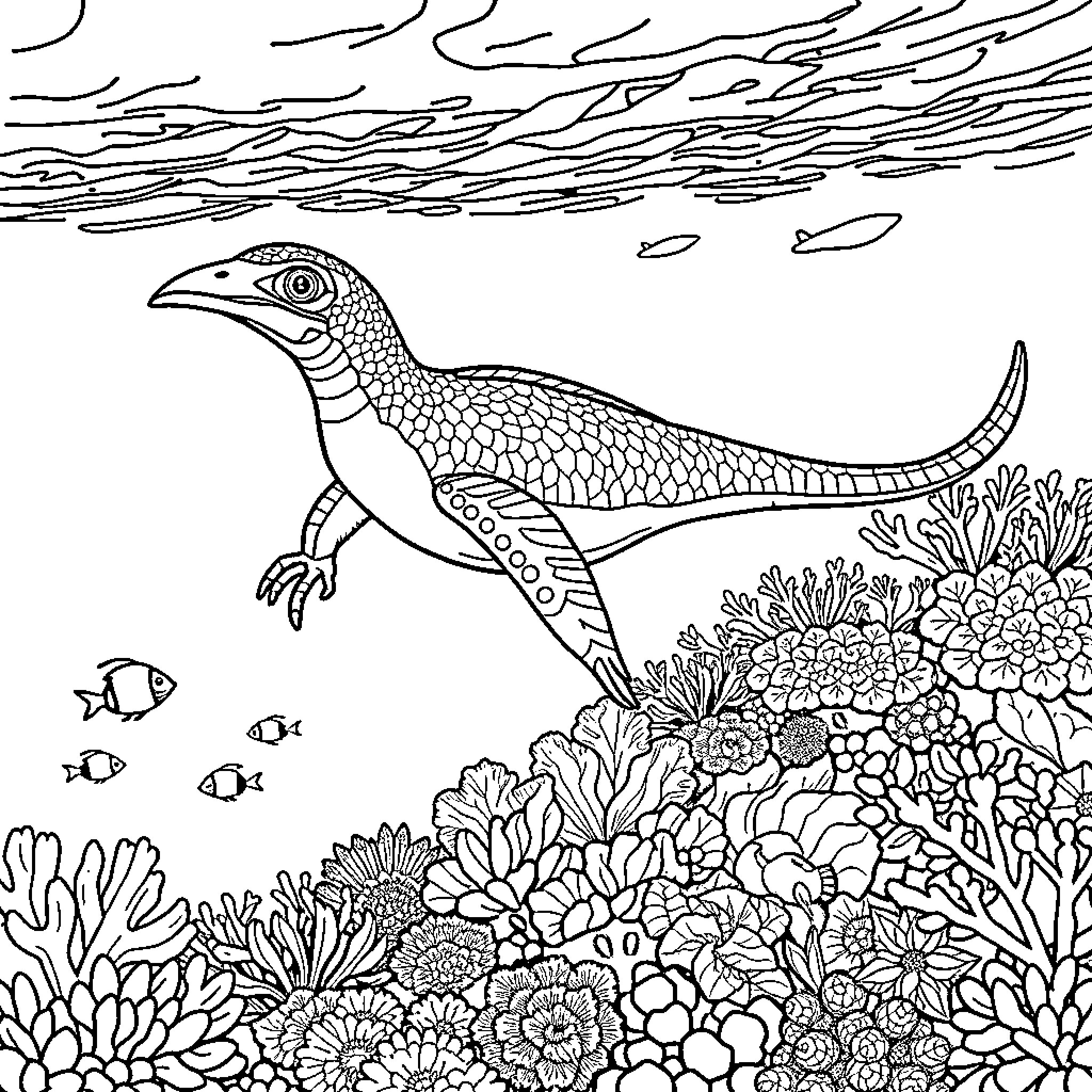 Microraptor exploring the underwater coral reef Coloring Page (free black-and-white line drawing printable PDF for all, from beginners to advanced learners, including children, teens, adults, and seniors)