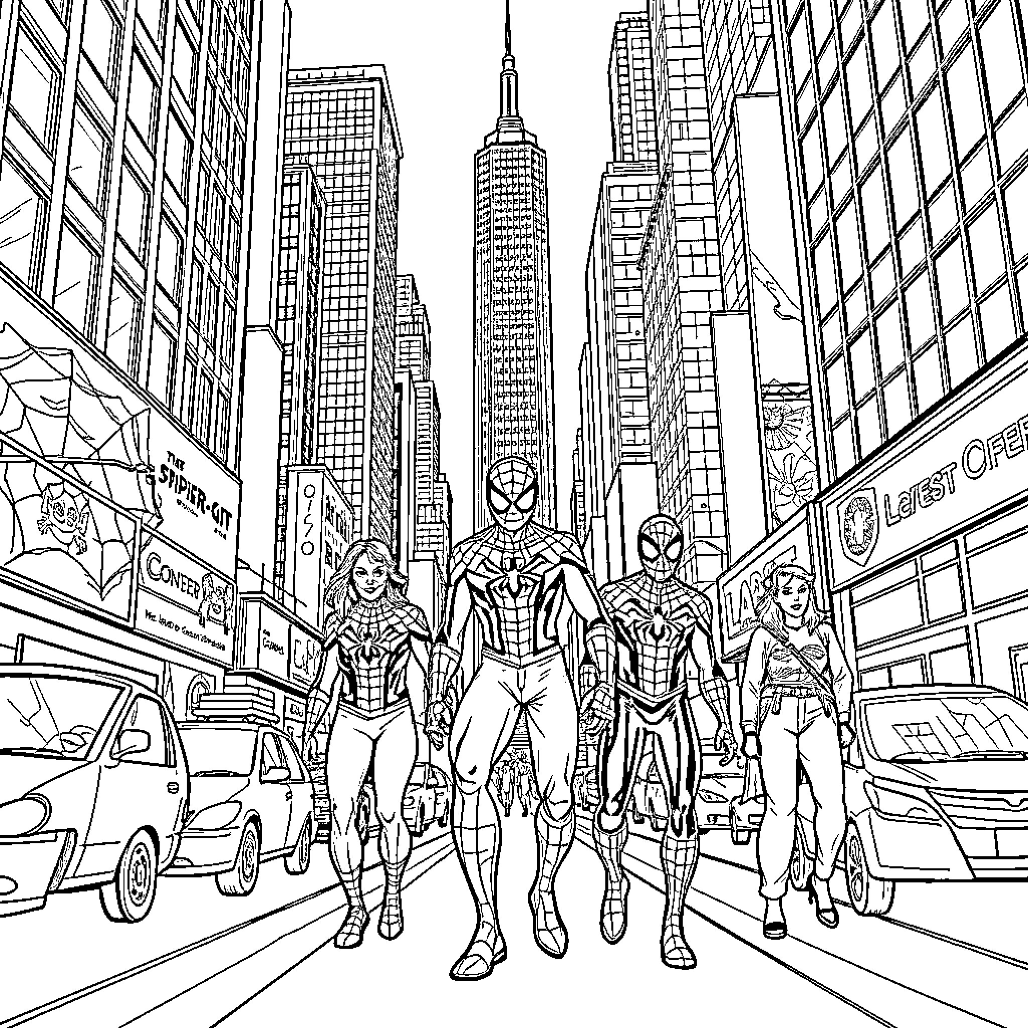 Spiderman and friends in action-packed city scene Coloring Page (free black-and-white line drawing printable PDF for all, from beginners to advanced learners, including children, teens, adults, and seniors)