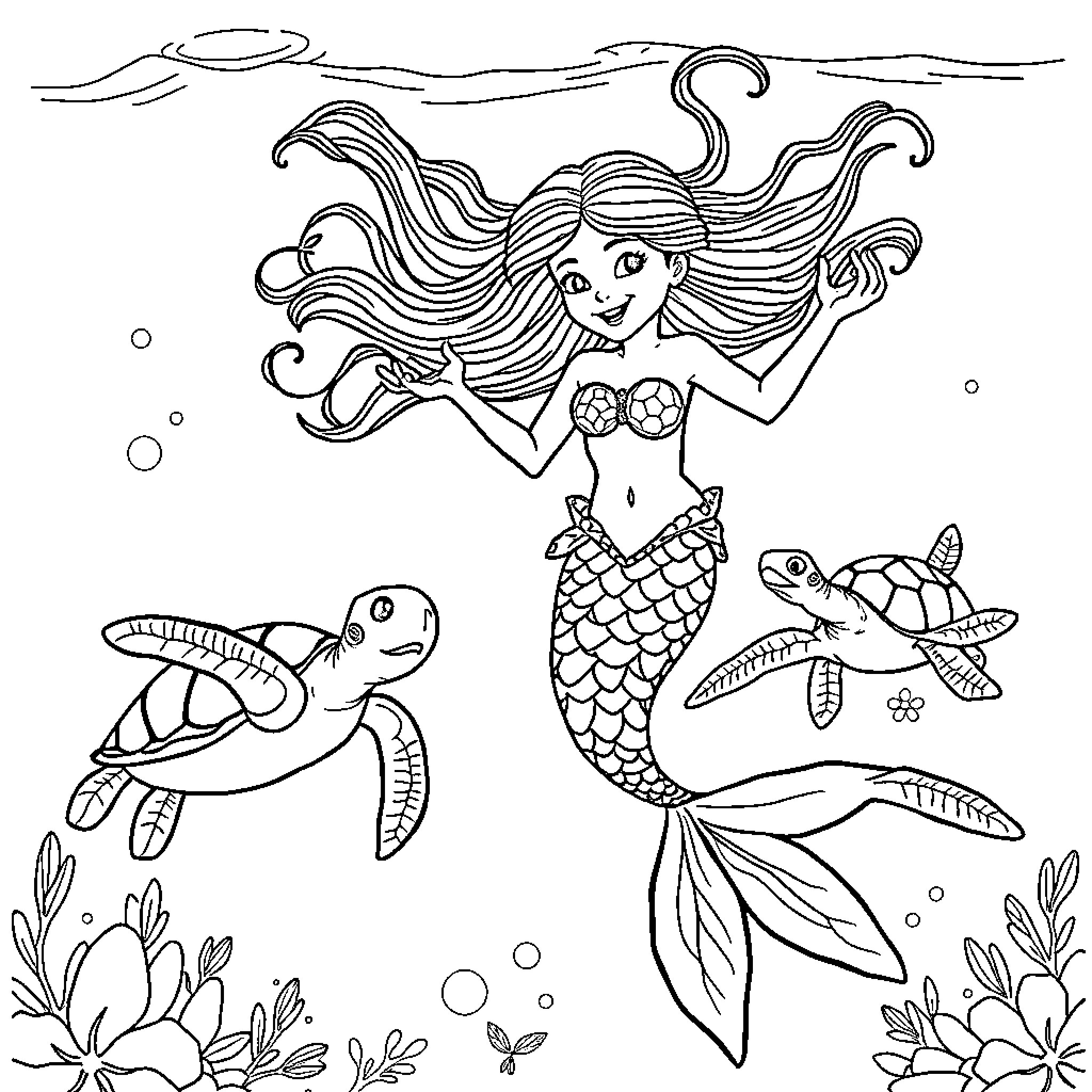 Mermaid with flowing hair swimming among marine life Coloring Page (free black-and-white line drawing printable PDF for all, from beginners to advanced learners, including children, teens, adults, and seniors)