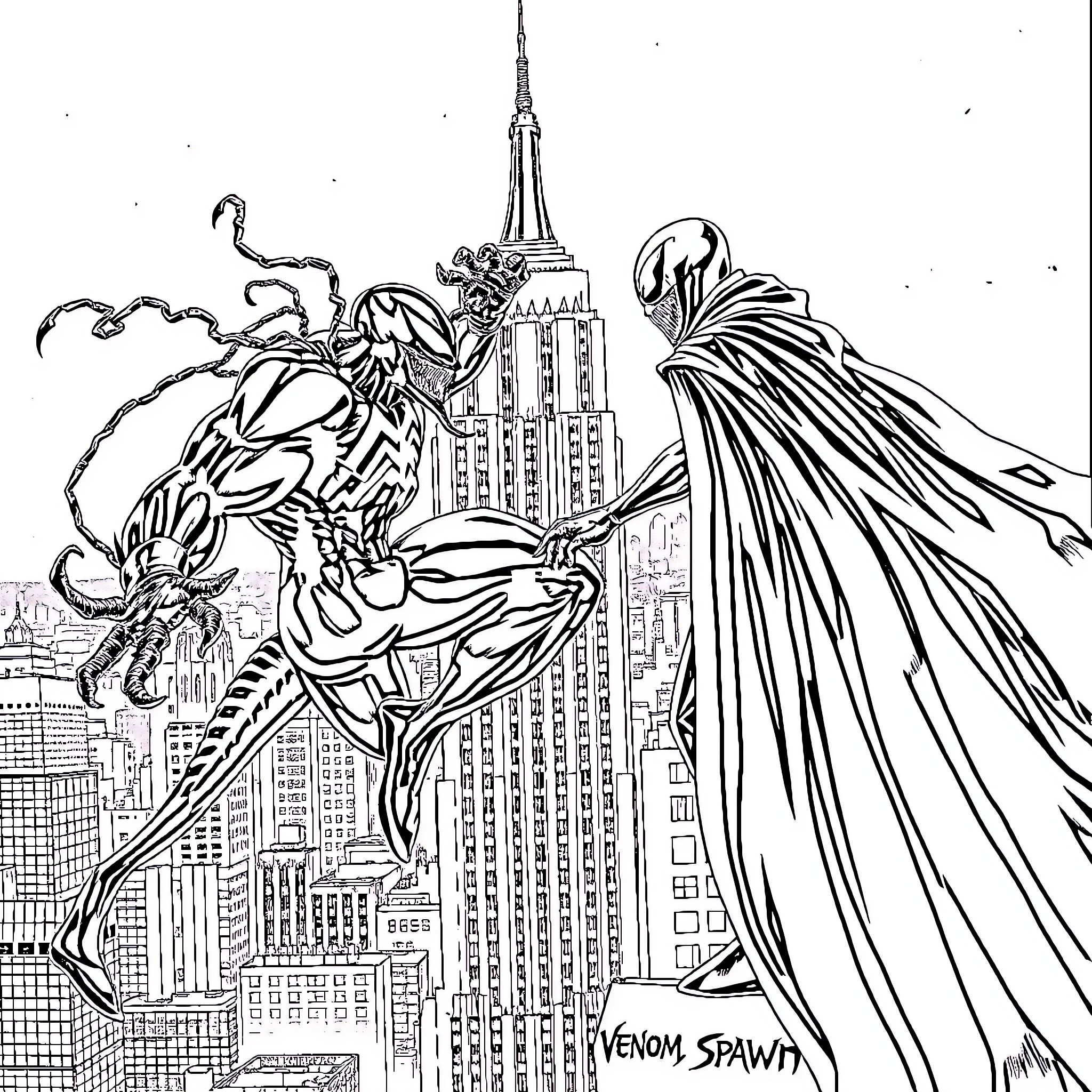 Venom and Spawn battling over a cityscape Coloring Page (free black-and-white line drawing printable PDF for all, from beginners to advanced learners, including children, teens, adults, and seniors)