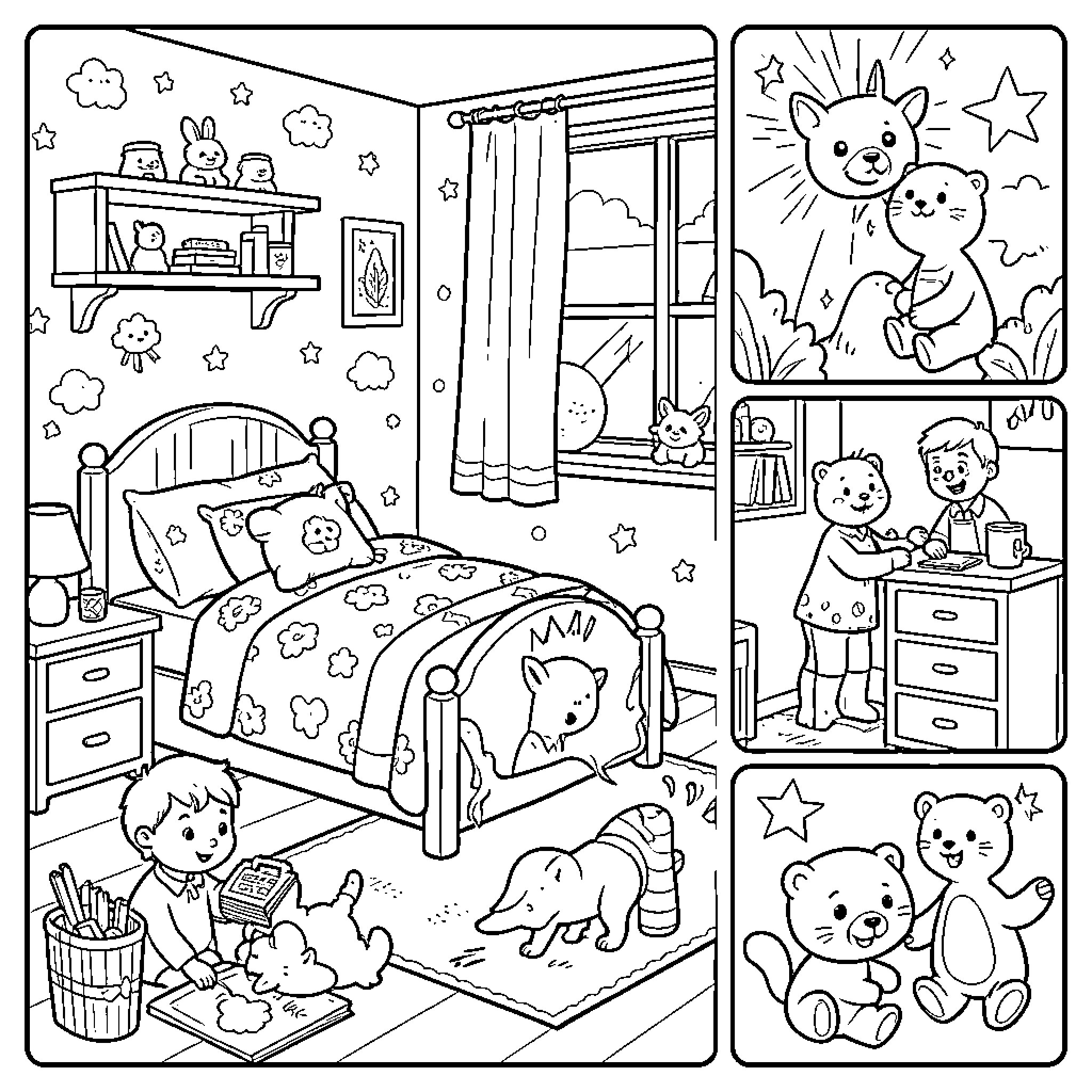 Hazardous levels of cuteness in a cozy bedroom scene Coloring Page (free black-and-white line drawing printable PDF for all, from beginners to advanced learners, including children, teens, adults, and seniors)