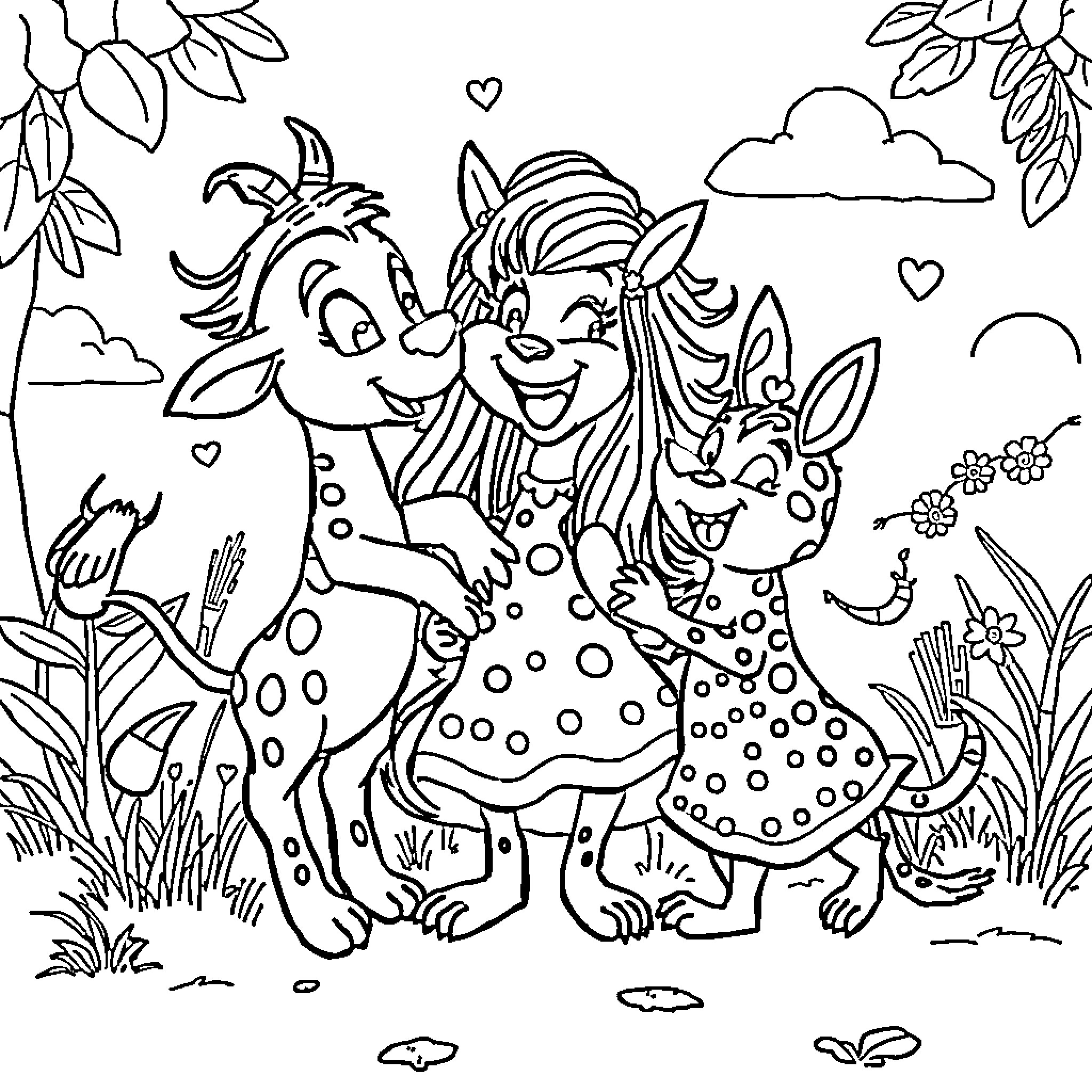Ani Ona Munecos - Playful cartoon characters in a nature scene Coloring Page (free black-and-white line drawing printable PDF for all, from beginners to advanced learners, including children, teens, adults, and seniors)