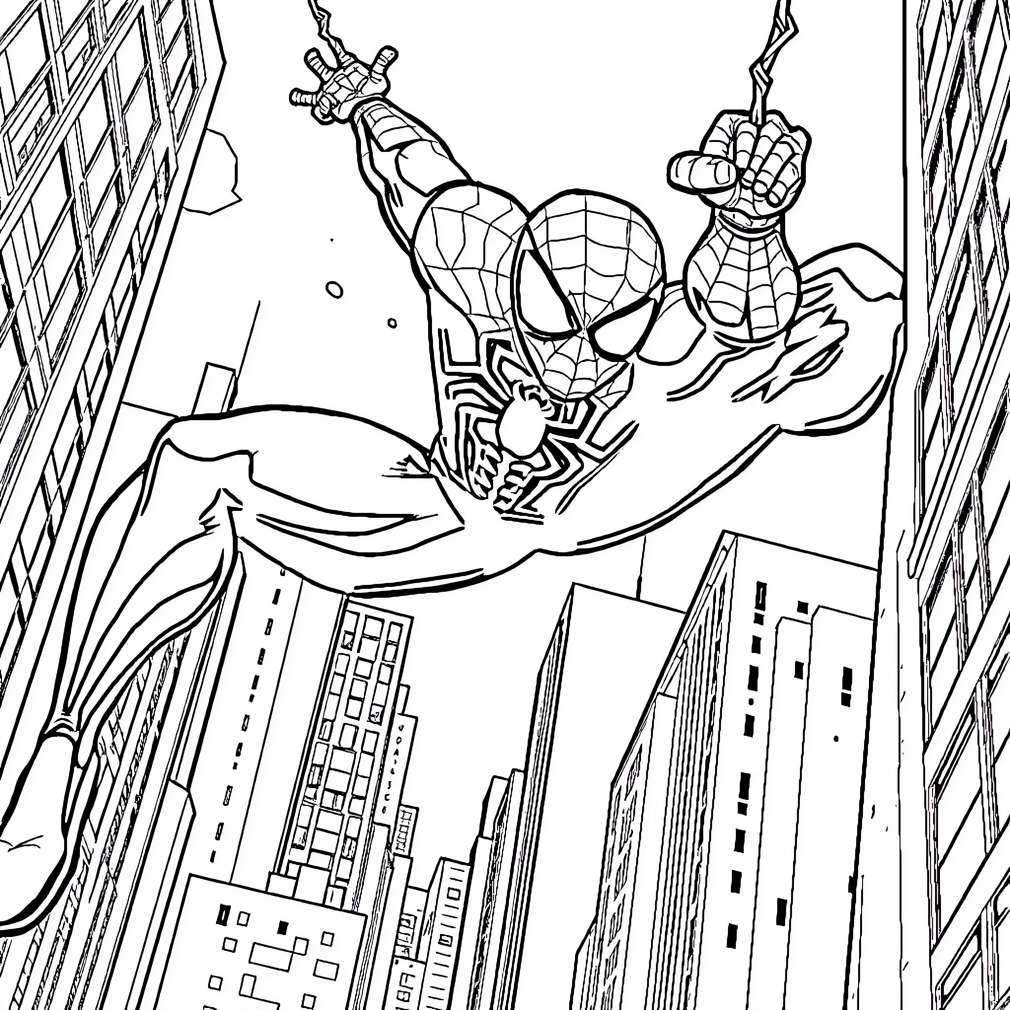 Spider hero swinging through the city skyline Coloring Page (free black-and-white line drawing printable PDF for all, from beginners to advanced learners, including children, teens, adults, and seniors)