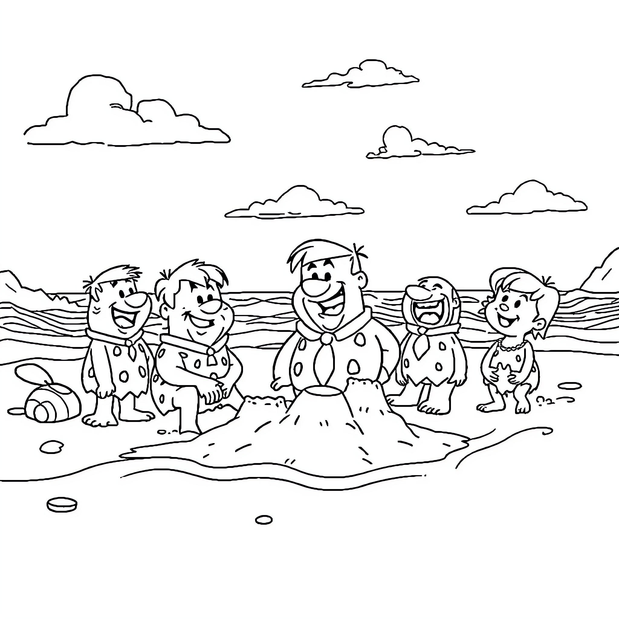 Flintstone family's fun-filled beach adventure Coloring Page (free black-and-white line drawing printable PDF for all, from beginners to advanced learners, including children, teens, adults, and seniors)
