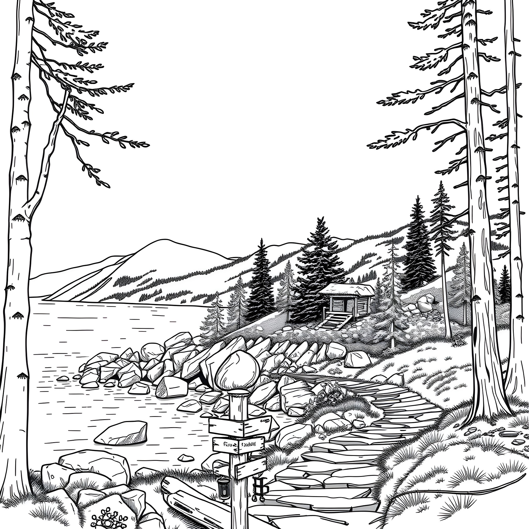 Acadia National Park scenic landscape with cabin and hiking trail Coloring Page (free black-and-white line drawing printable PDF for all, from beginners to advanced learners, including children, teens, adults, and seniors)