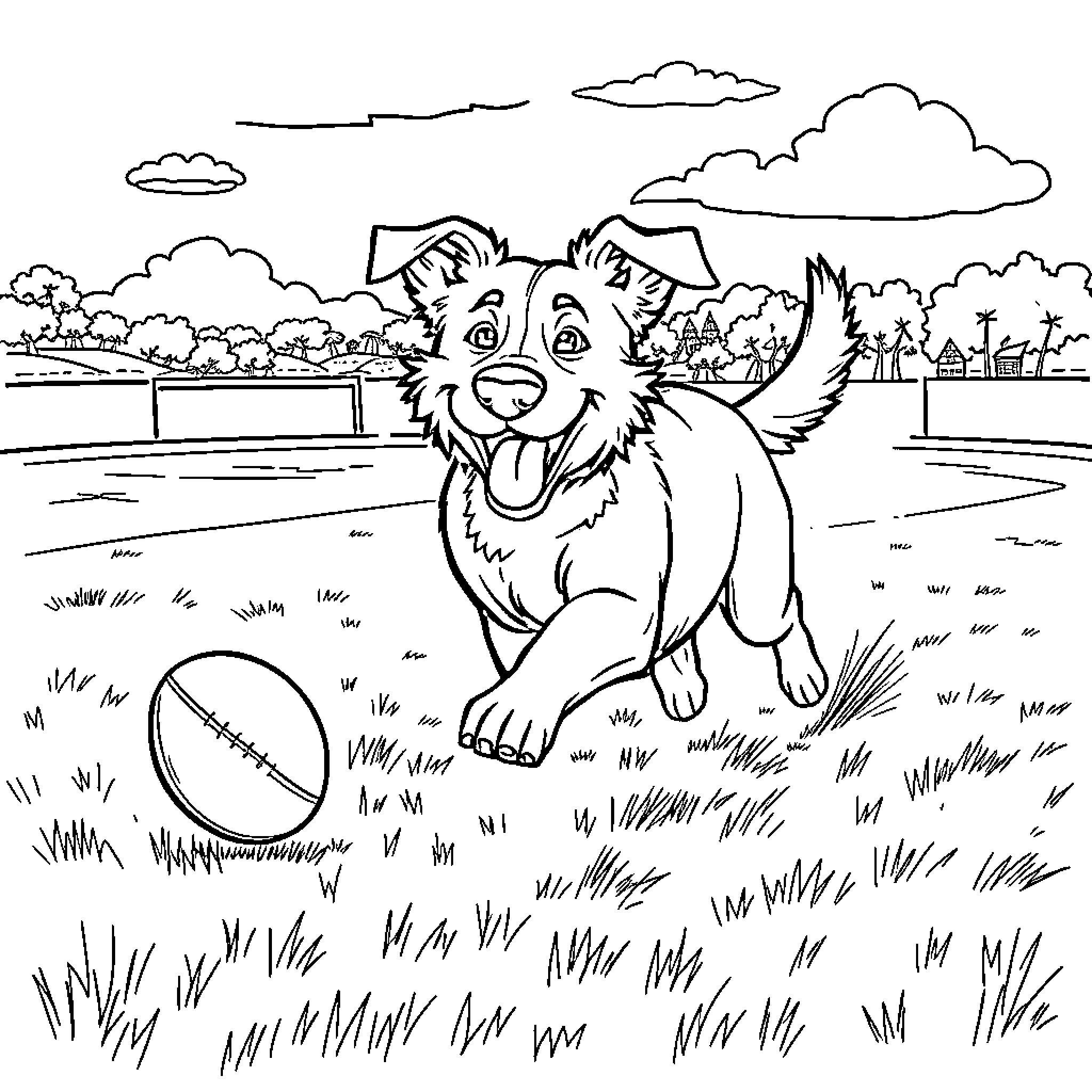 Dog playing joyfully with a toy in the park Coloring Page (free black-and-white line drawing printable PDF for all, from beginners to advanced learners, including children, teens, adults, and seniors)