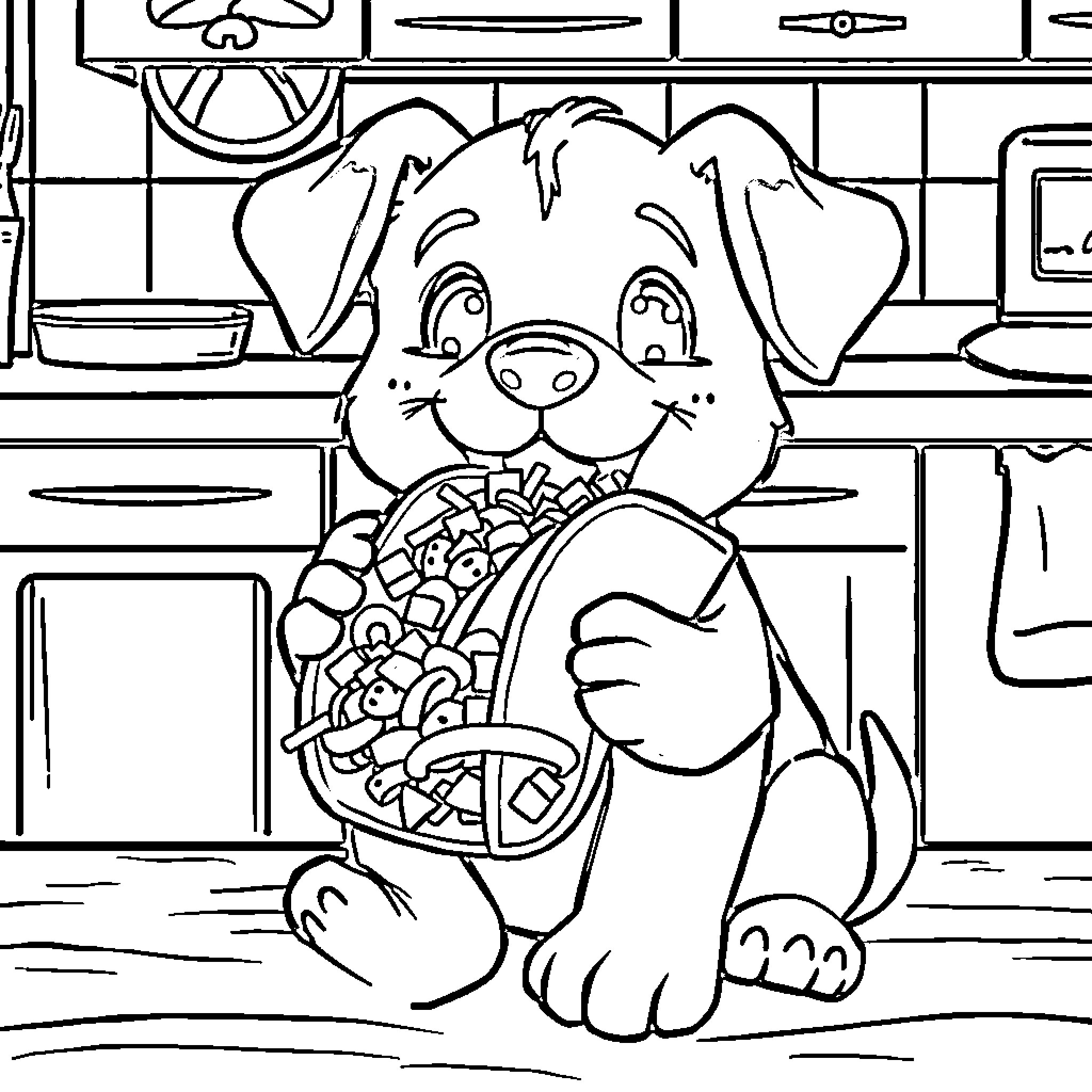 Bluey enjoying a tasty snack in the kitchen Coloring Page (free black-and-white line drawing printable PDF for all, from beginners to advanced learners, including children, teens, adults, and seniors)