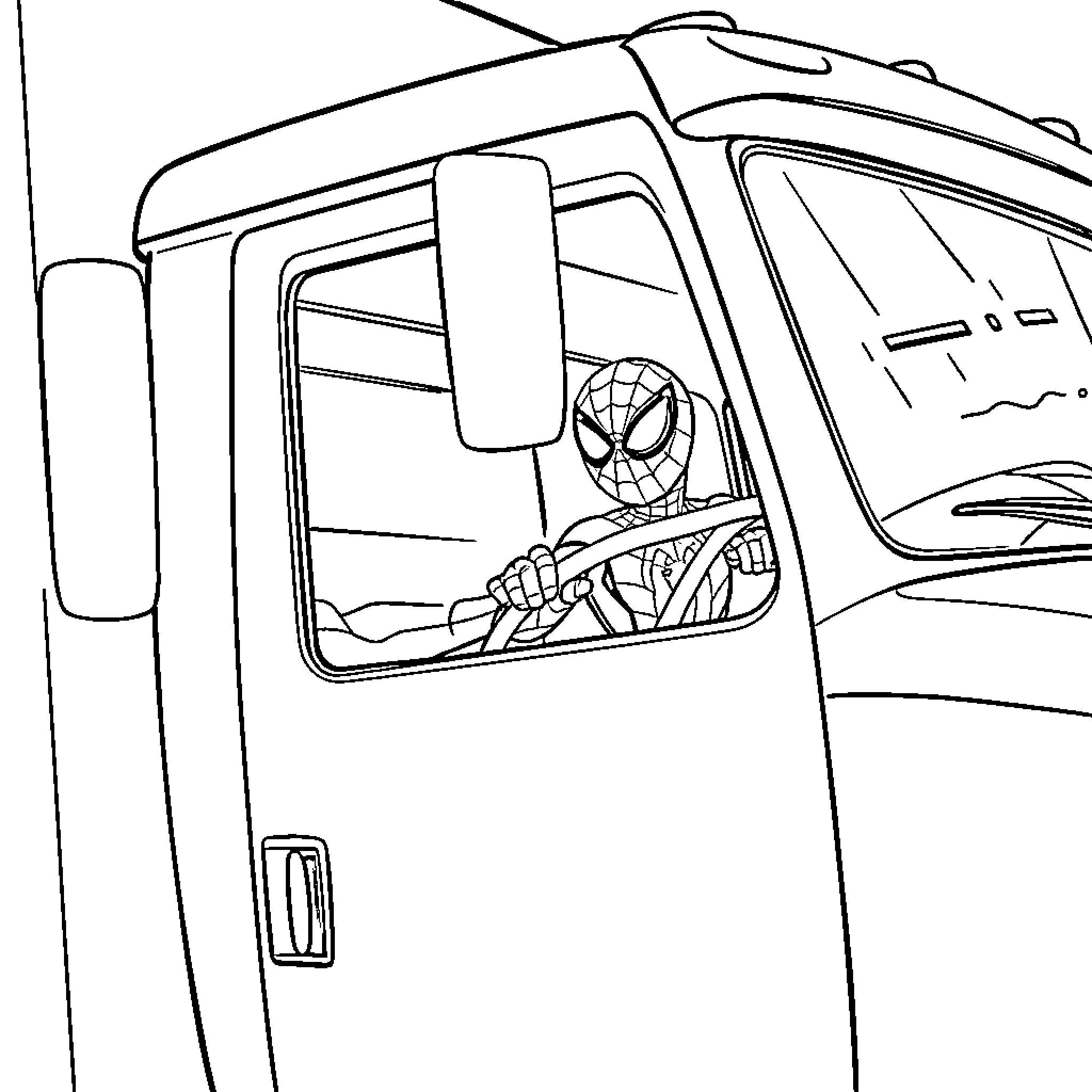 Spiderman driving a van through the city Coloring Page (free black-and-white line drawing printable PDF for all, from beginners to advanced learners, including children, teens, adults, and seniors)