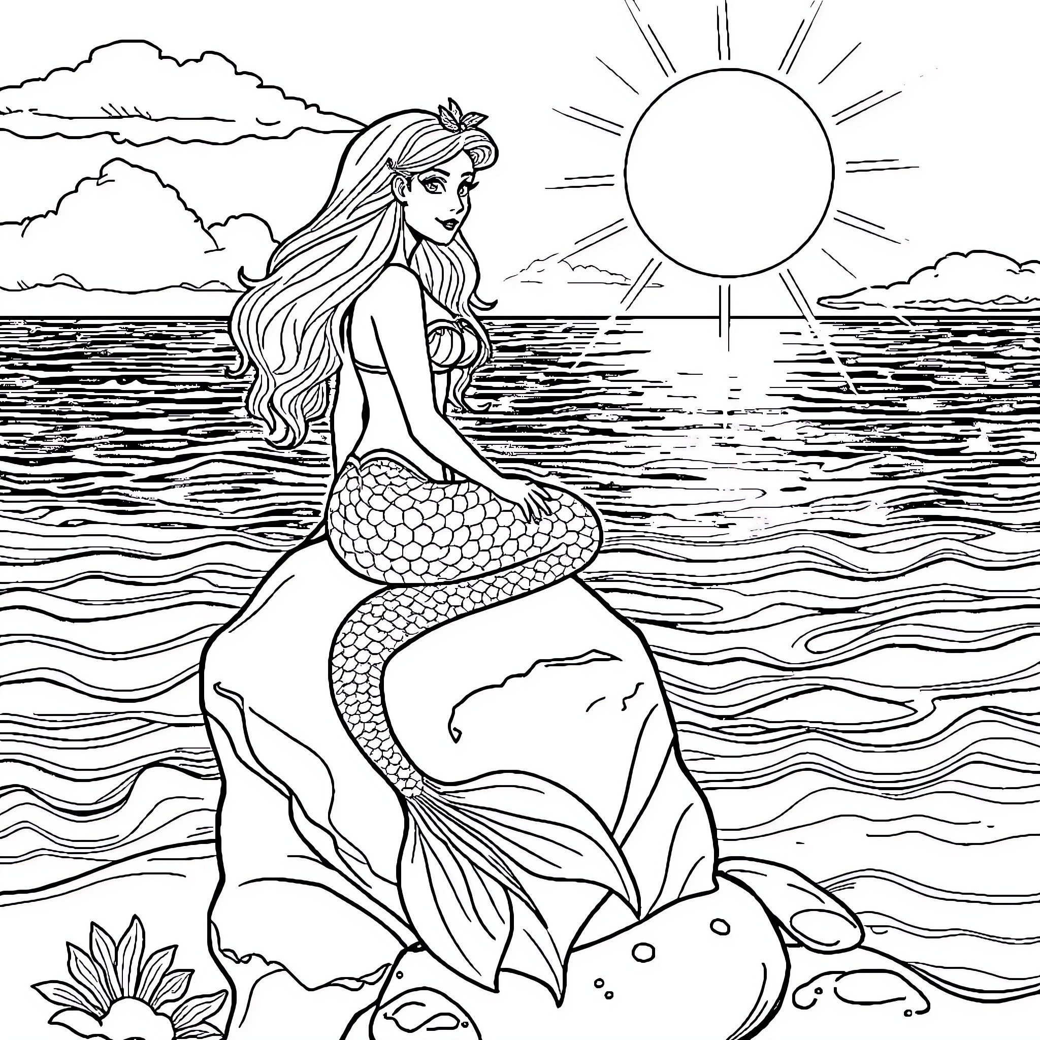 Mermaid enjoying the sun and sea Coloring Page (free black-and-white line drawing printable PDF for all, from beginners to advanced learners, including children, teens, adults, and seniors)