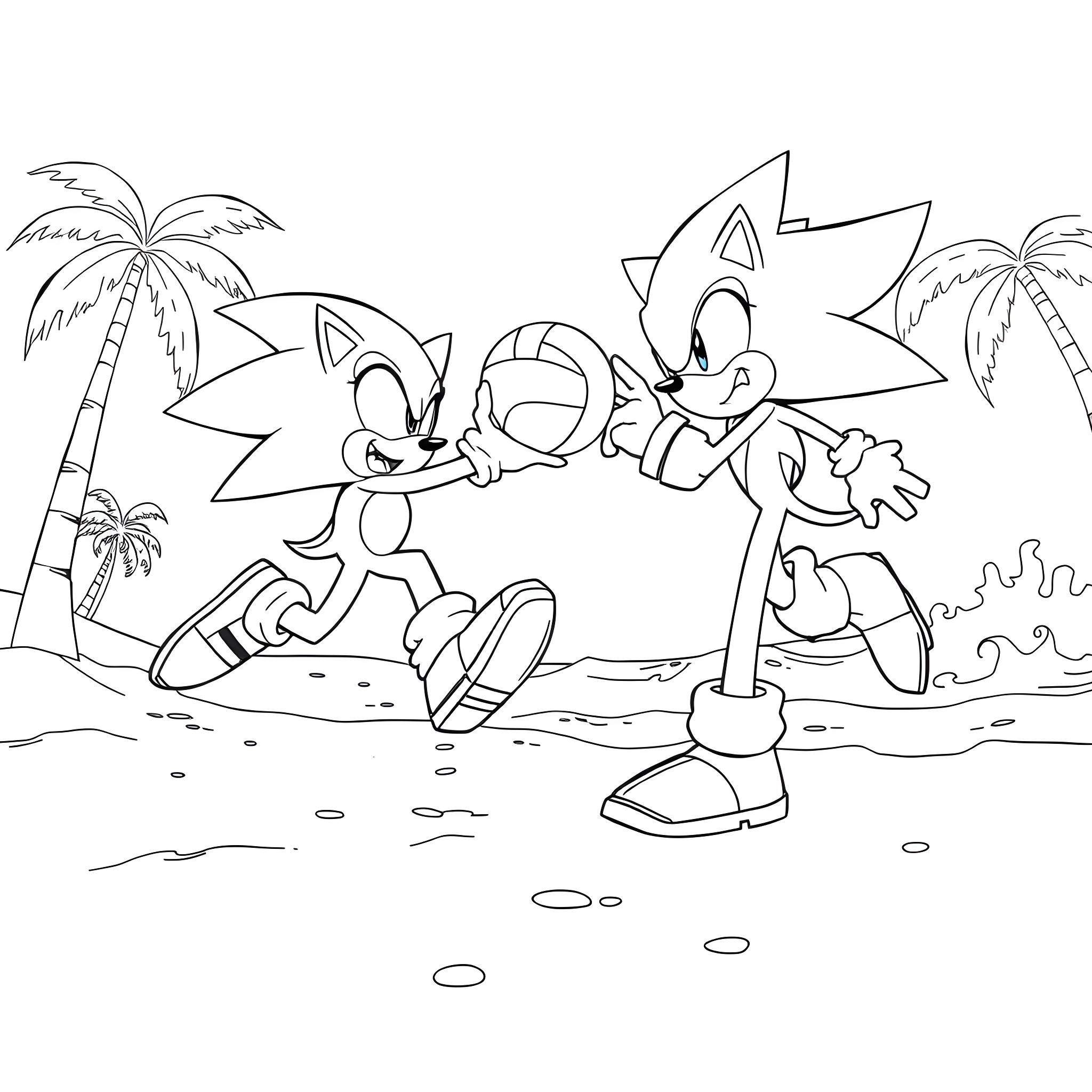 Sonic characters engaged in playful activities on the beach Coloring Page (free black-and-white line drawing printable PDF for all, from beginners to advanced learners, including children, teens, adults, and seniors)