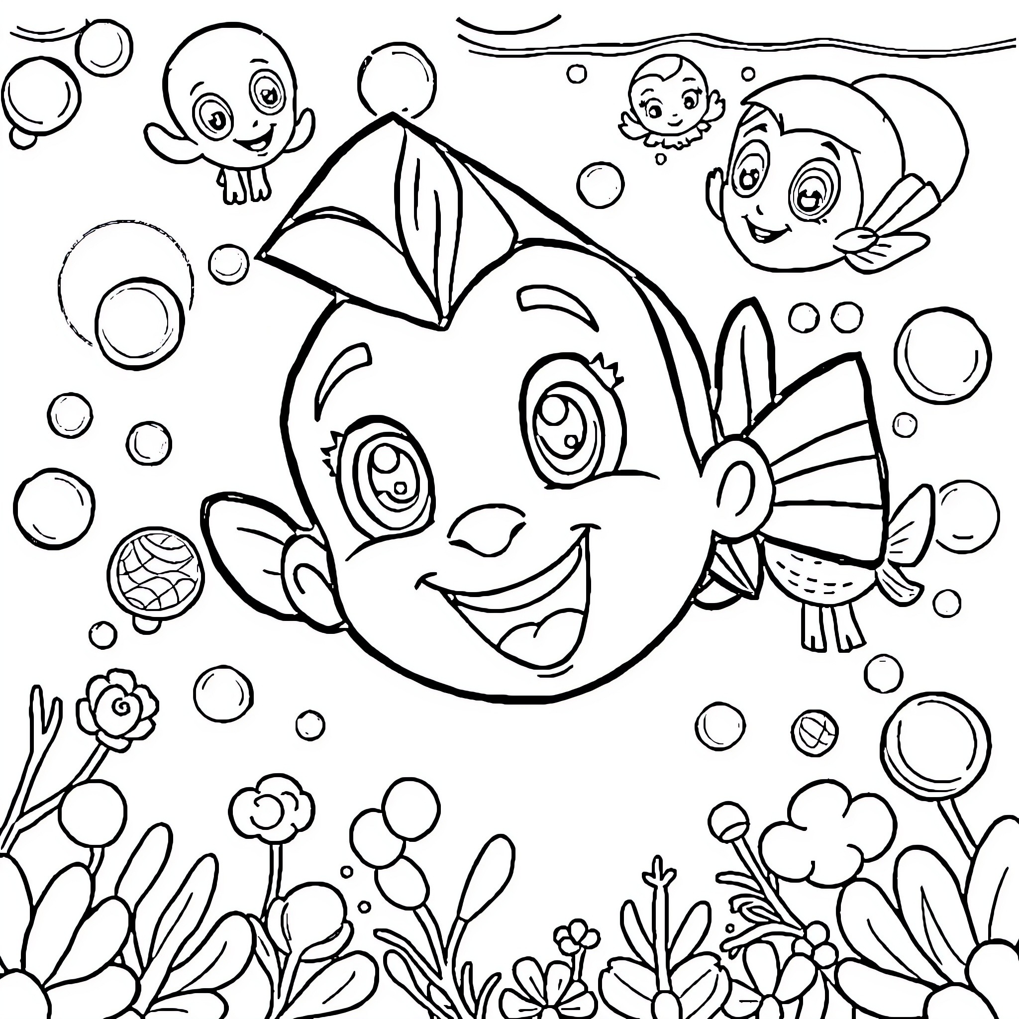 Bluey's Underwater Adventure Coloring Page (free black-and-white line drawing printable PDF for all, from beginners to advanced learners, including children, teens, adults, and seniors)