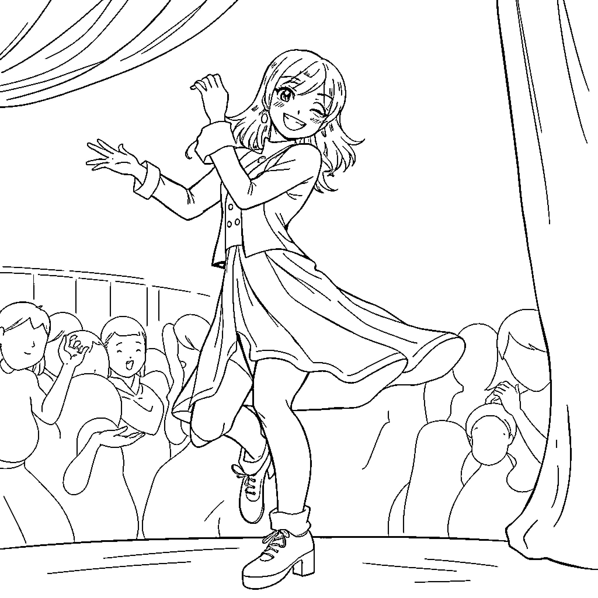 Momo performing joyfully on stage Coloring Page (free black-and-white line drawing printable PDF for all, from beginners to advanced learners, including children, teens, adults, and seniors)
