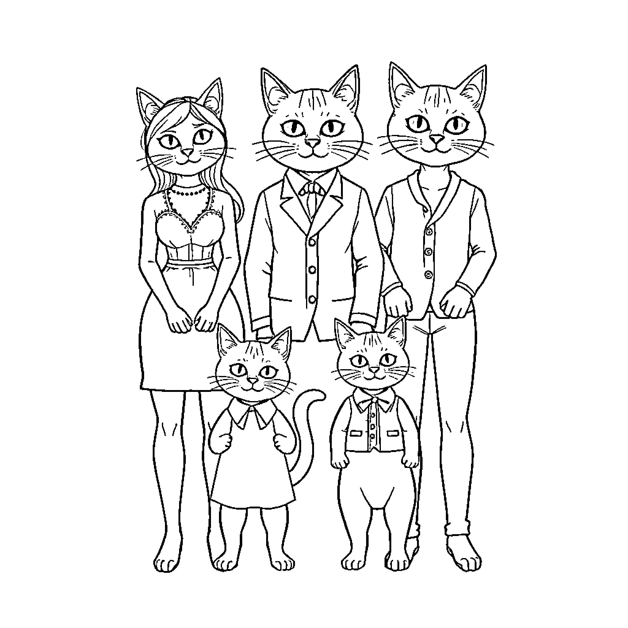 Cats in formal attire posing together Coloring Page (free black-and-white line drawing printable PDF for all, from beginners to advanced learners, including children, teens, adults, and seniors)