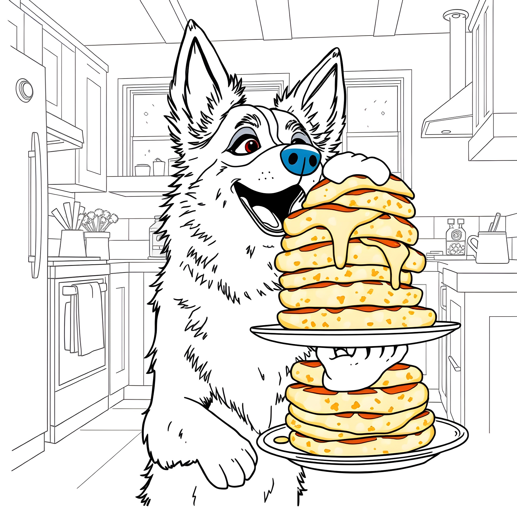 Bluey's Pancake Feast Coloring Page (free black-and-white line drawing printable PDF for all, from beginners to advanced learners, including children, teens, adults, and seniors)