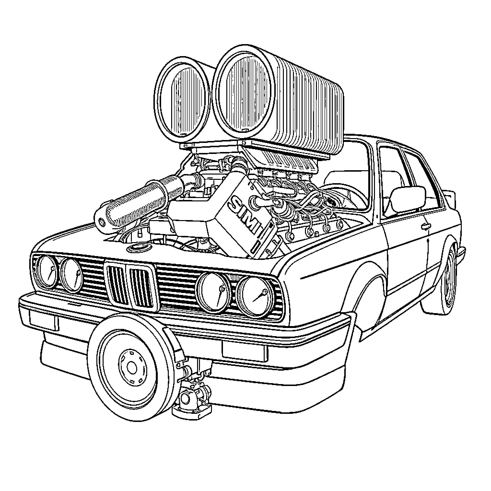 Engine-Powered Customized Vintage Car Coloring Page (free black-and-white line drawing printable PDF for all, from beginners to advanced learners, including children, teens, adults, and seniors)