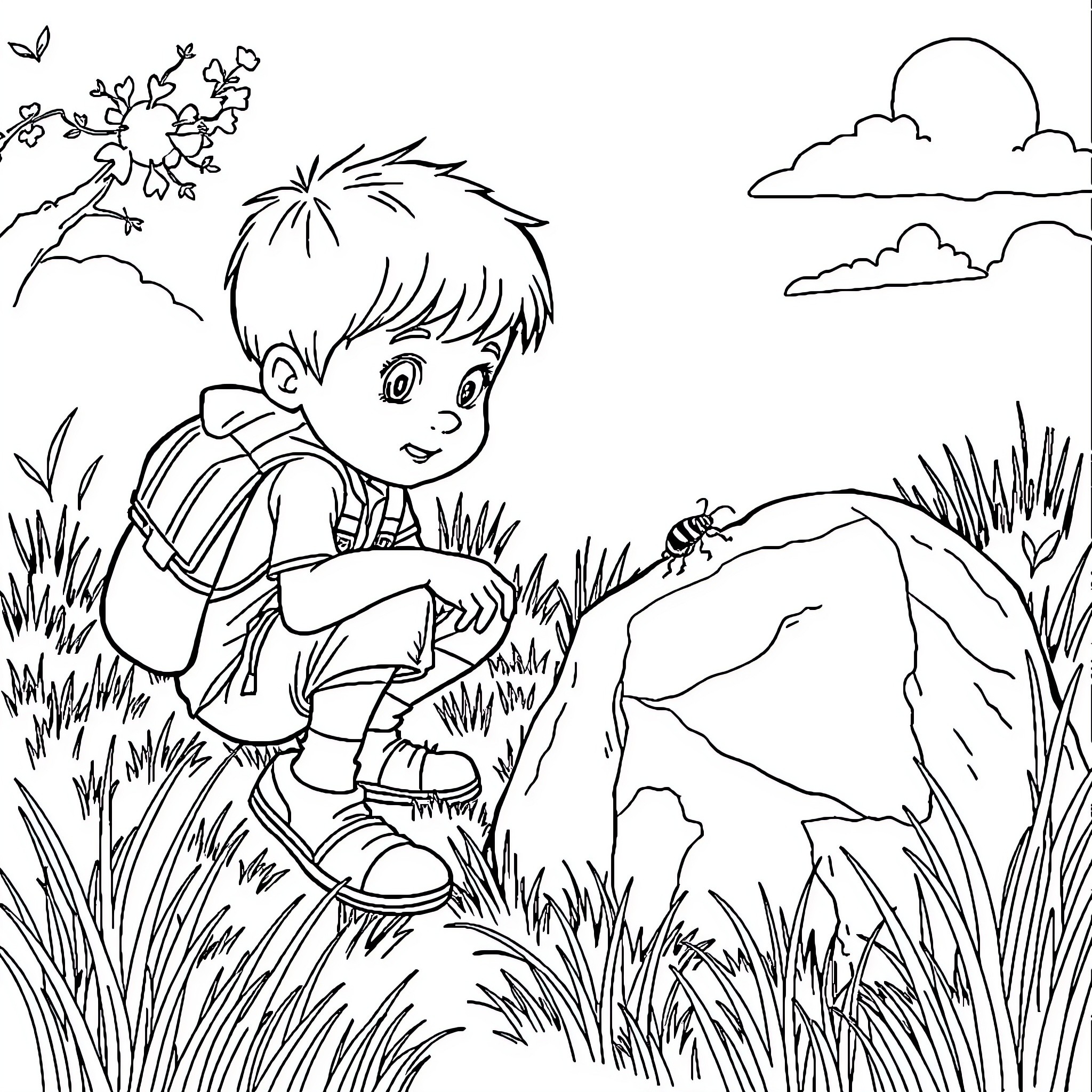 Boy exploring nature outdoors Coloring Page (free black-and-white line drawing printable PDF for all, from beginners to advanced learners, including children, teens, adults, and seniors)