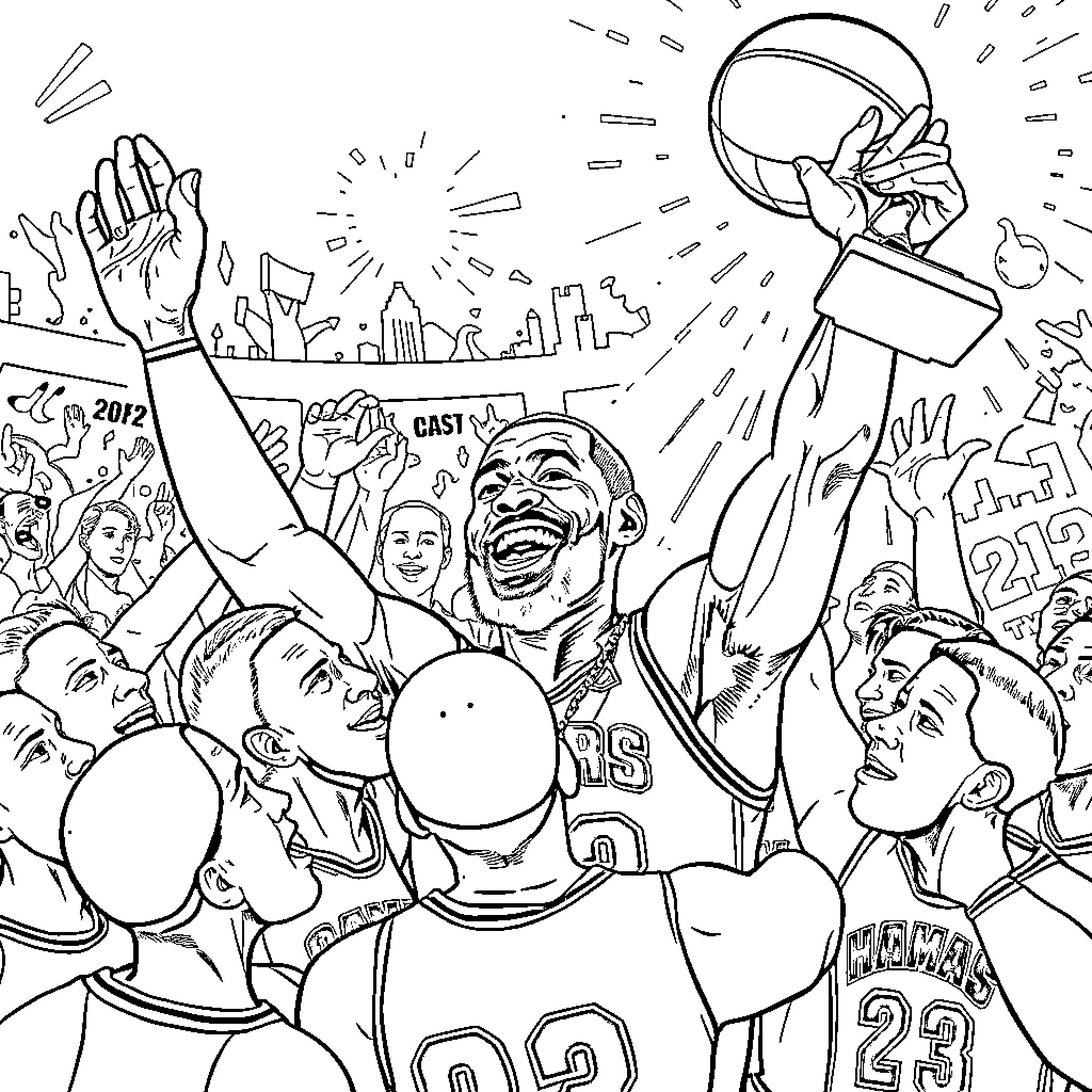 LeBron James Celebrating Championship with Teammates Coloring Page (free black-and-white line drawing printable PDF for all, from beginners to advanced learners, including children, teens, adults, and seniors)