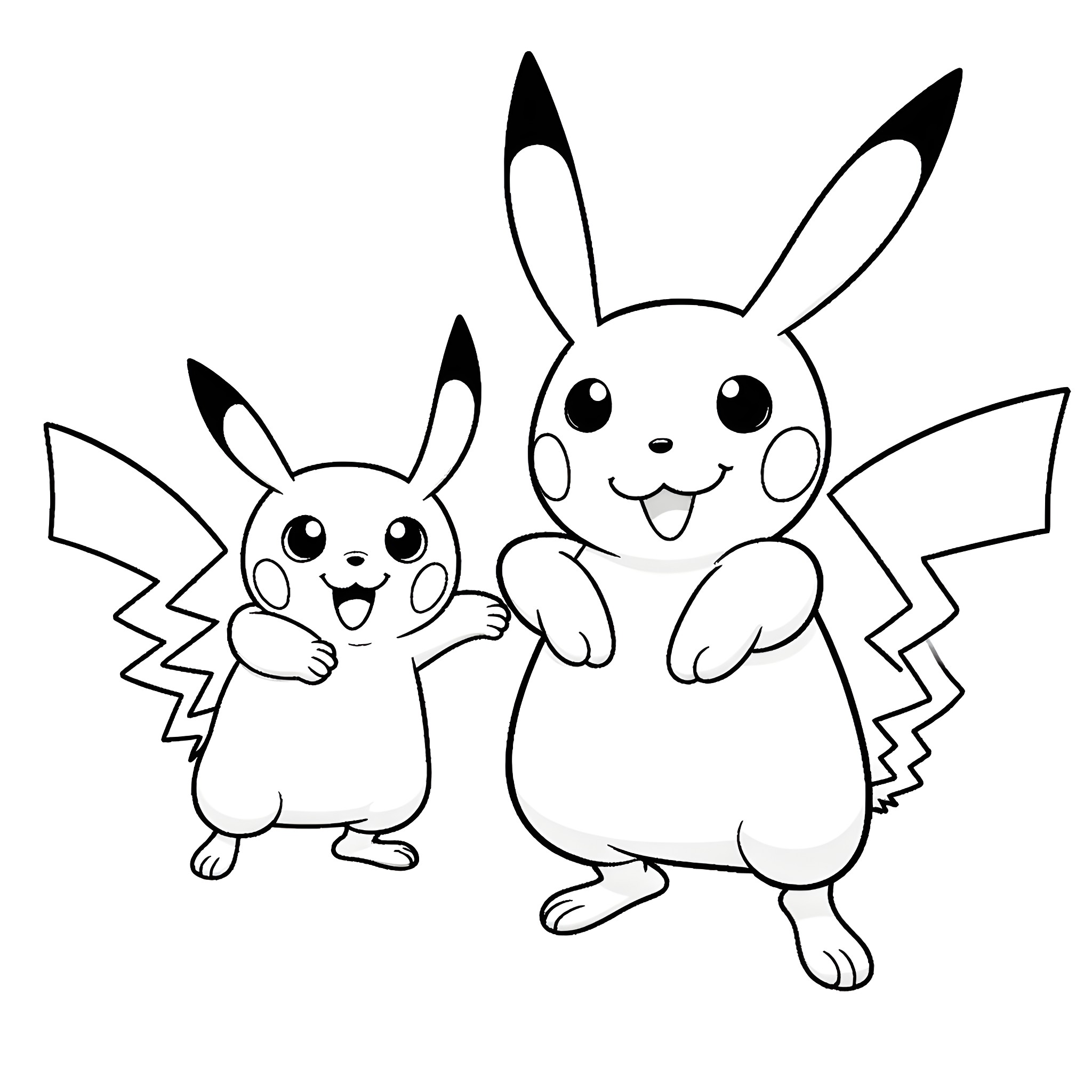 Pokémon Pikachu and friend playing happily Coloring Page (free black-and-white line drawing printable PDF for all, from beginners to advanced learners, including children, teens, adults, and seniors)
