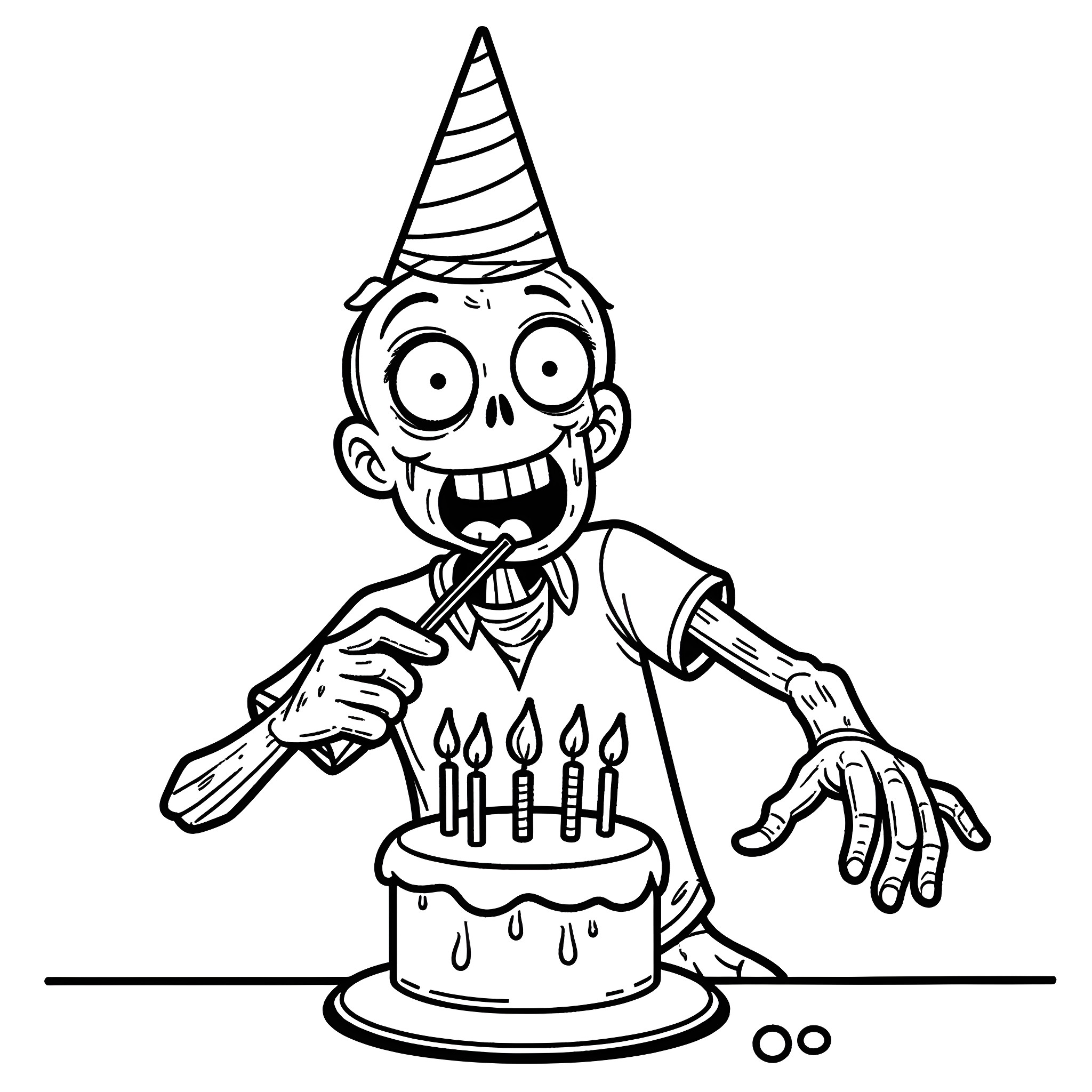 Zombie celebrating birthday with spooky cake Coloring Page (free black-and-white line drawing printable PDF for all, from beginners to advanced learners, including children, teens, adults, and seniors)