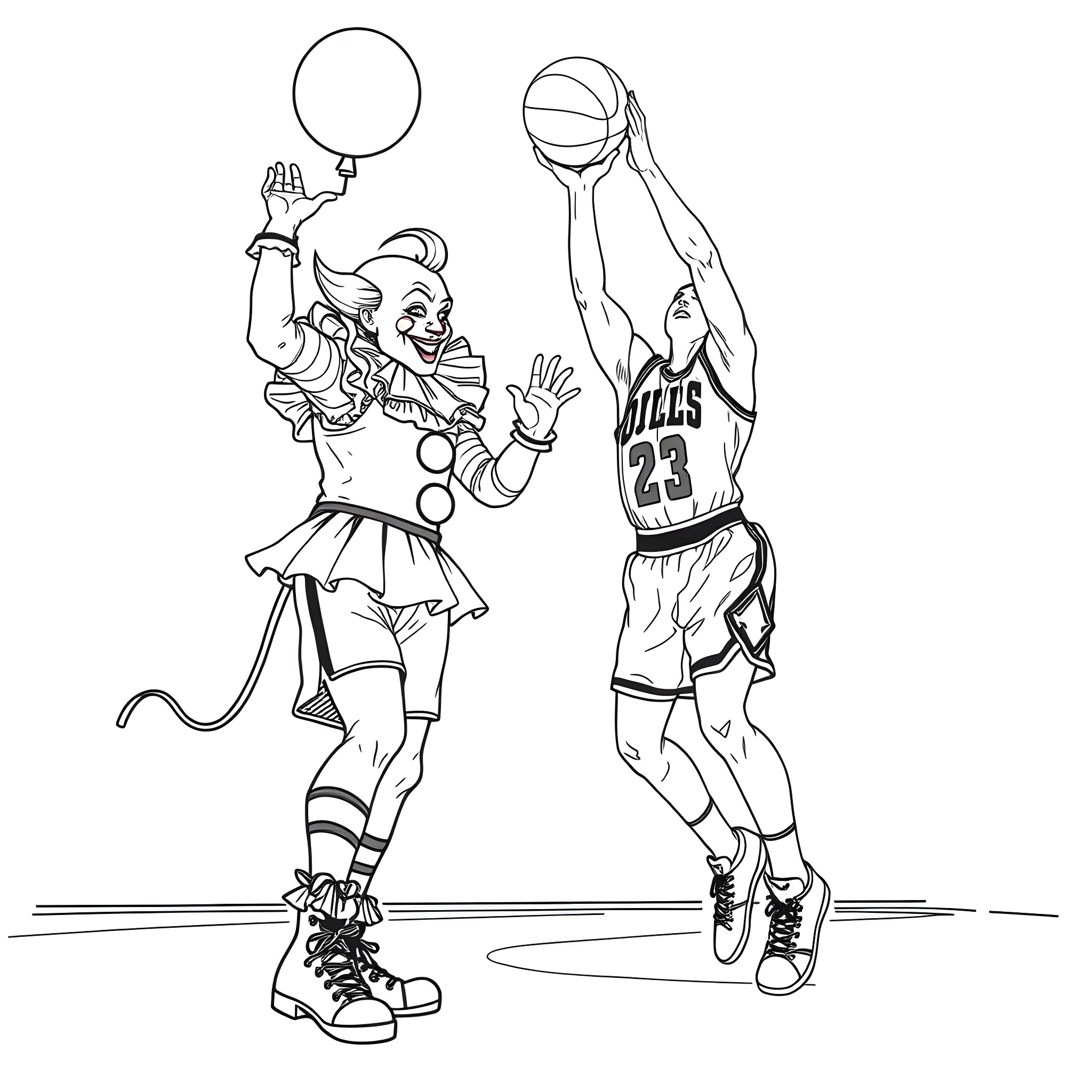Pennywise Clown Playing Basketball with Athlete Coloring Page (free black-and-white line drawing printable PDF for all, from beginners to advanced learners, including children, teens, adults, and seniors)