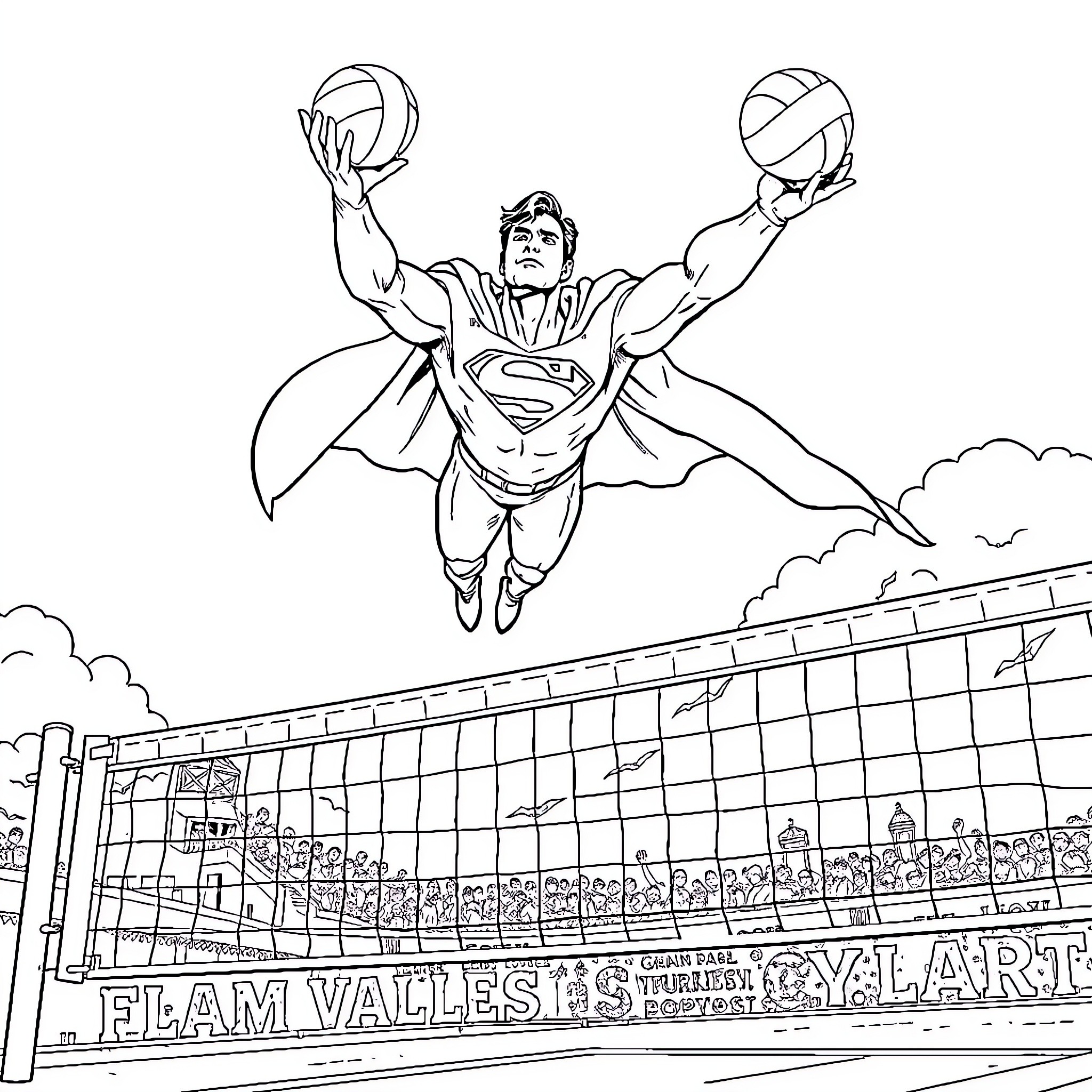 Superman performs incredible volleyball feats Coloring Page (free black-and-white line drawing printable PDF for all, from beginners to advanced learners, including children, teens, adults, and seniors)