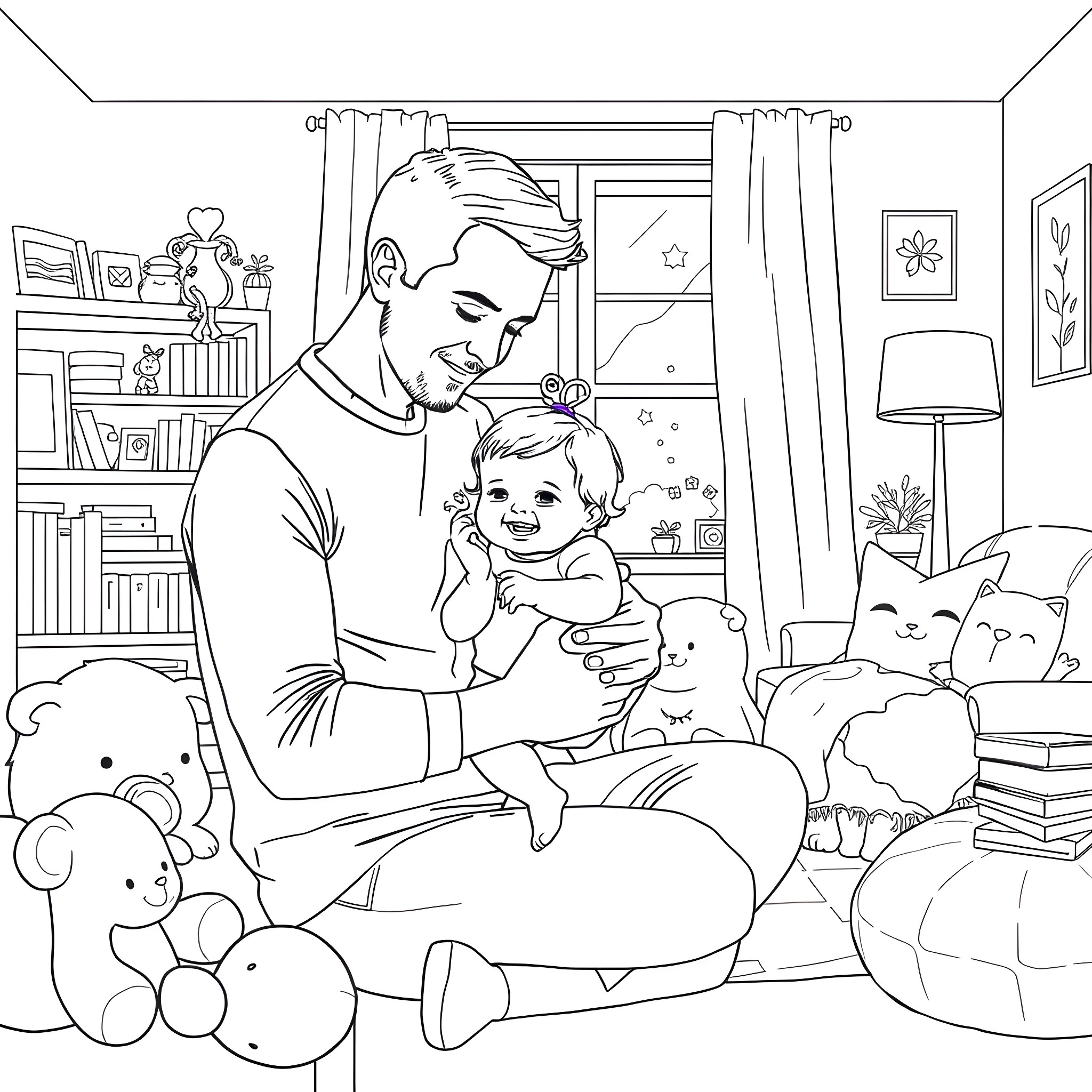 Spencer Reid bonding with child in cozy home setting Coloring Page (free black-and-white line drawing printable PDF for all, from beginners to advanced learners, including children, teens, adults, and seniors)