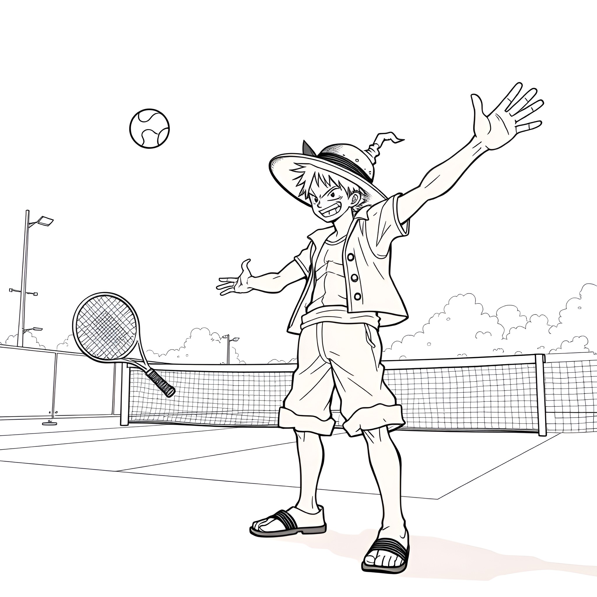 Overlord of the Tennis Court Coloring Page (free black-and-white line drawing printable PDF for all, from beginners to advanced learners, including children, teens, adults, and seniors)