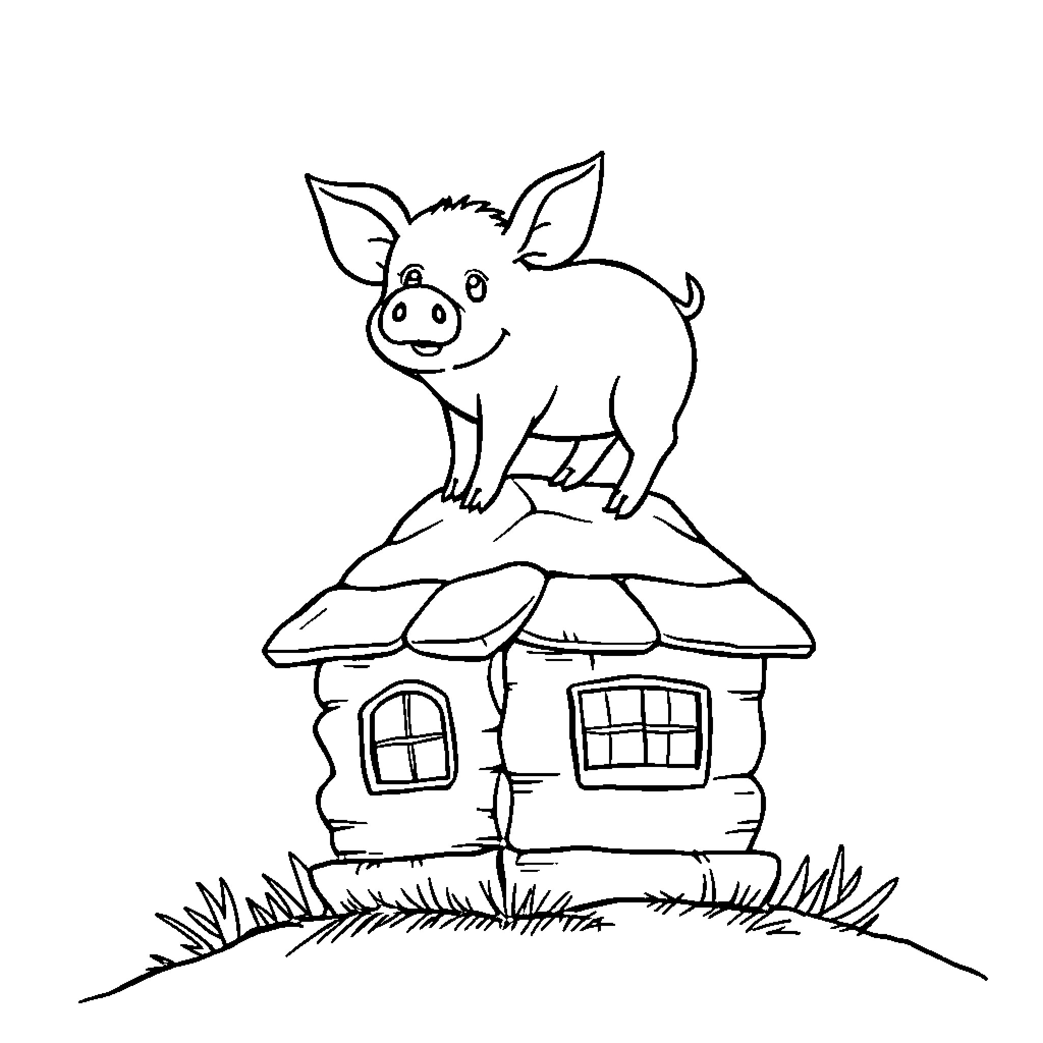 Pig standing atop a cozy cottage Coloring Page (free black-and-white line drawing printable PDF for all, from beginners to advanced learners, including children, teens, adults, and seniors)