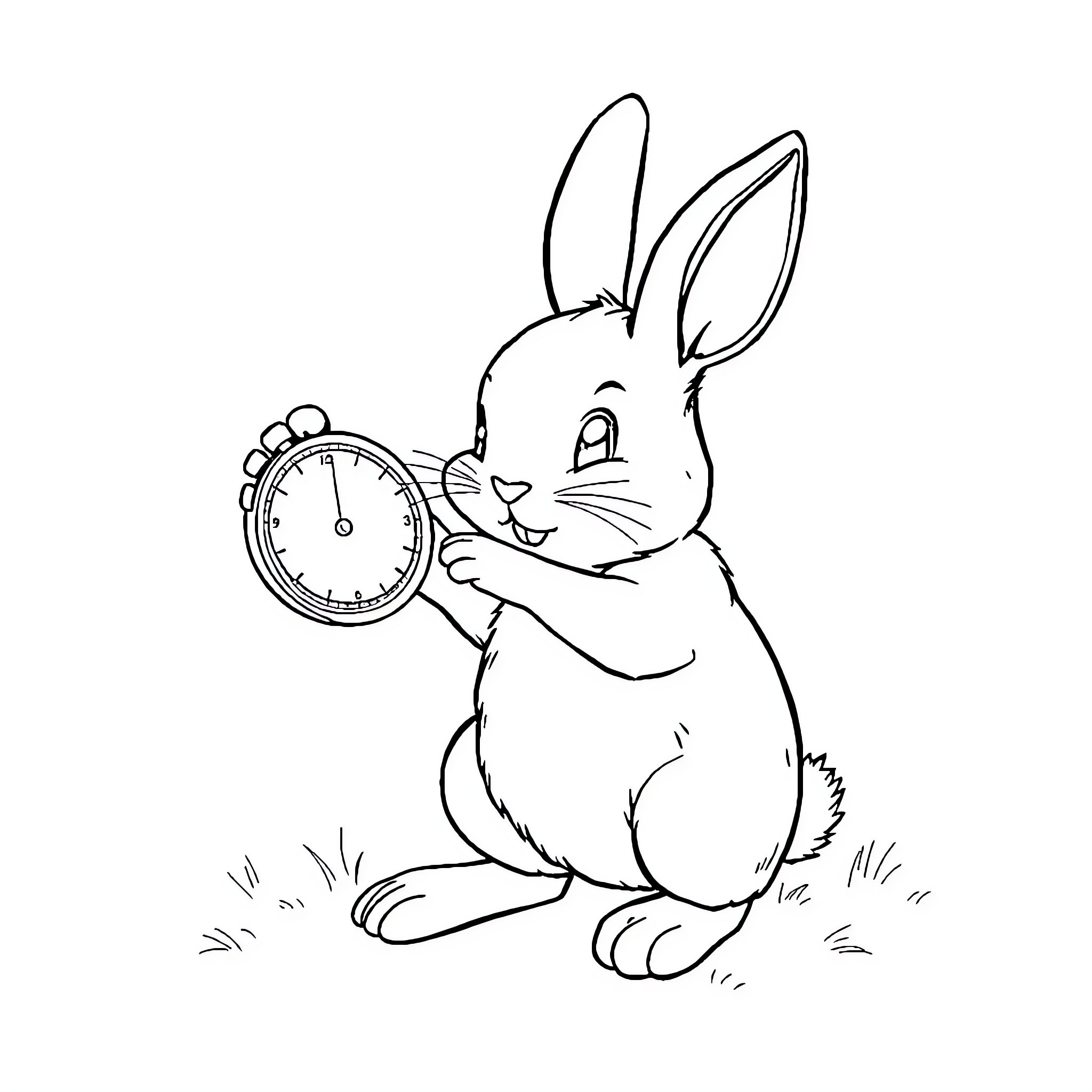 Rabbit holding an alarm clock Coloring Page (free black-and-white line drawing printable PDF for all, from beginners to advanced learners, including children, teens, adults, and seniors)