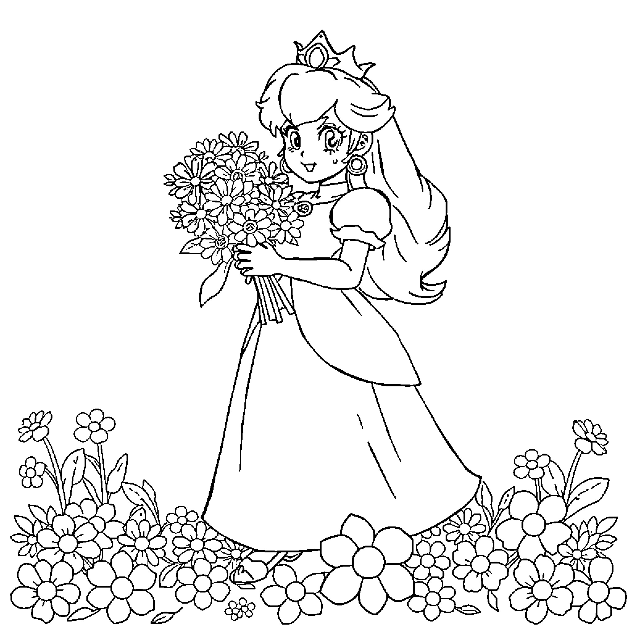 Princess Peach holding a bouquet of flowers Coloring Page (free black-and-white line drawing printable PDF for all, from beginners to advanced learners, including children, teens, adults, and seniors)