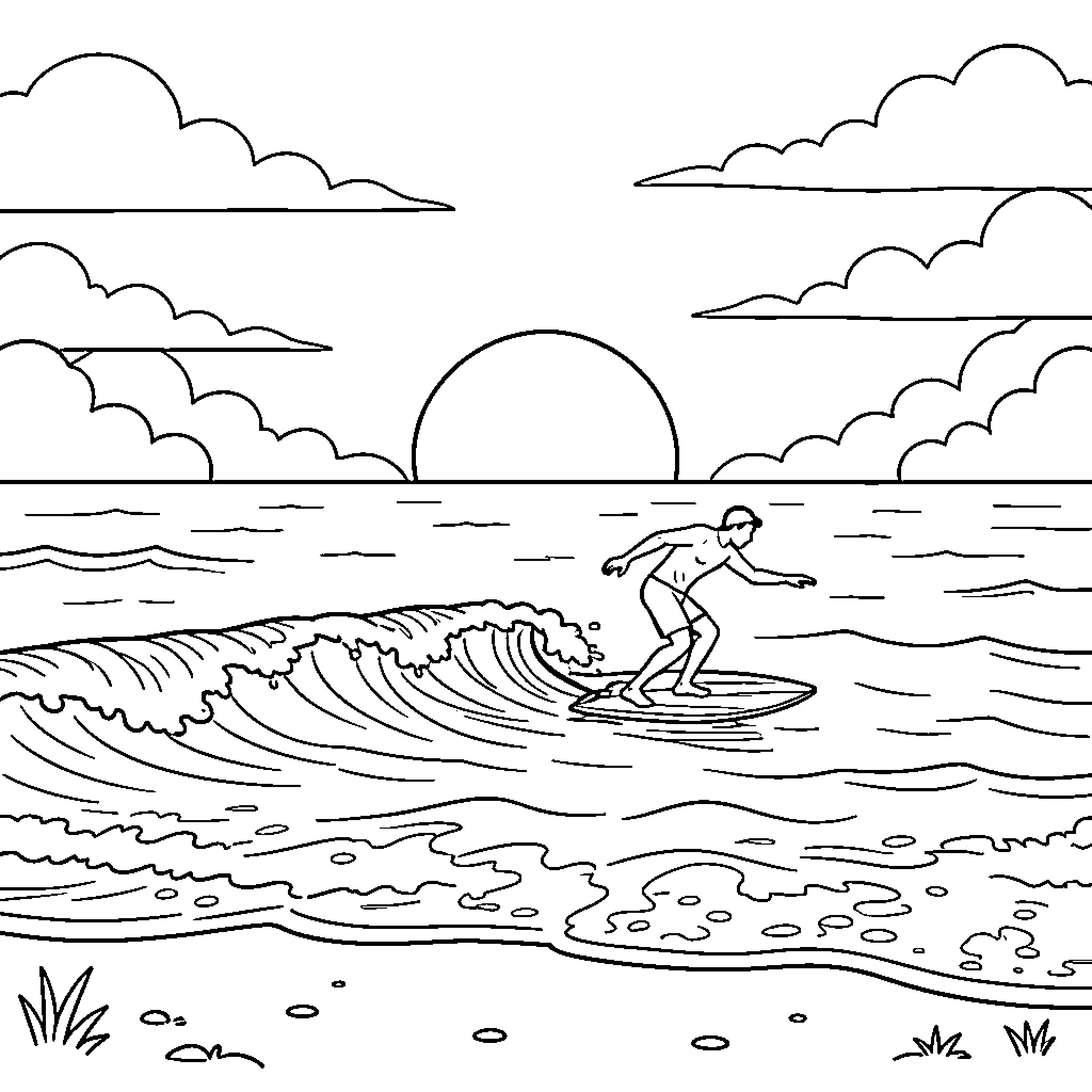 Surfer riding a large ocean wave at sunset Coloring Page (free black-and-white line drawing printable PDF for all, from beginners to advanced learners, including children, teens, adults, and seniors)